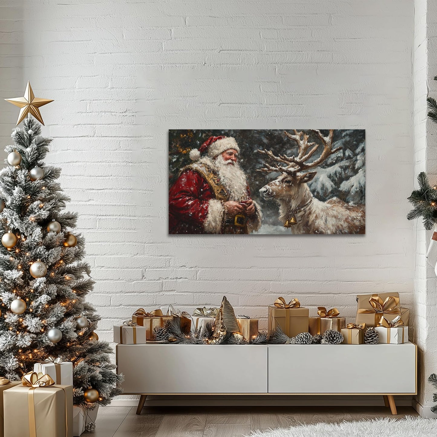 GUTTATY Christmas Canvas Wall Art, Santa and Reindeer Canvas Prints, Winter Forest Scene Wall Decor, Snowy Holiday Hanging Painting, Christmas Picture Poster for Living Room, Bedroom, 32x16 Inch