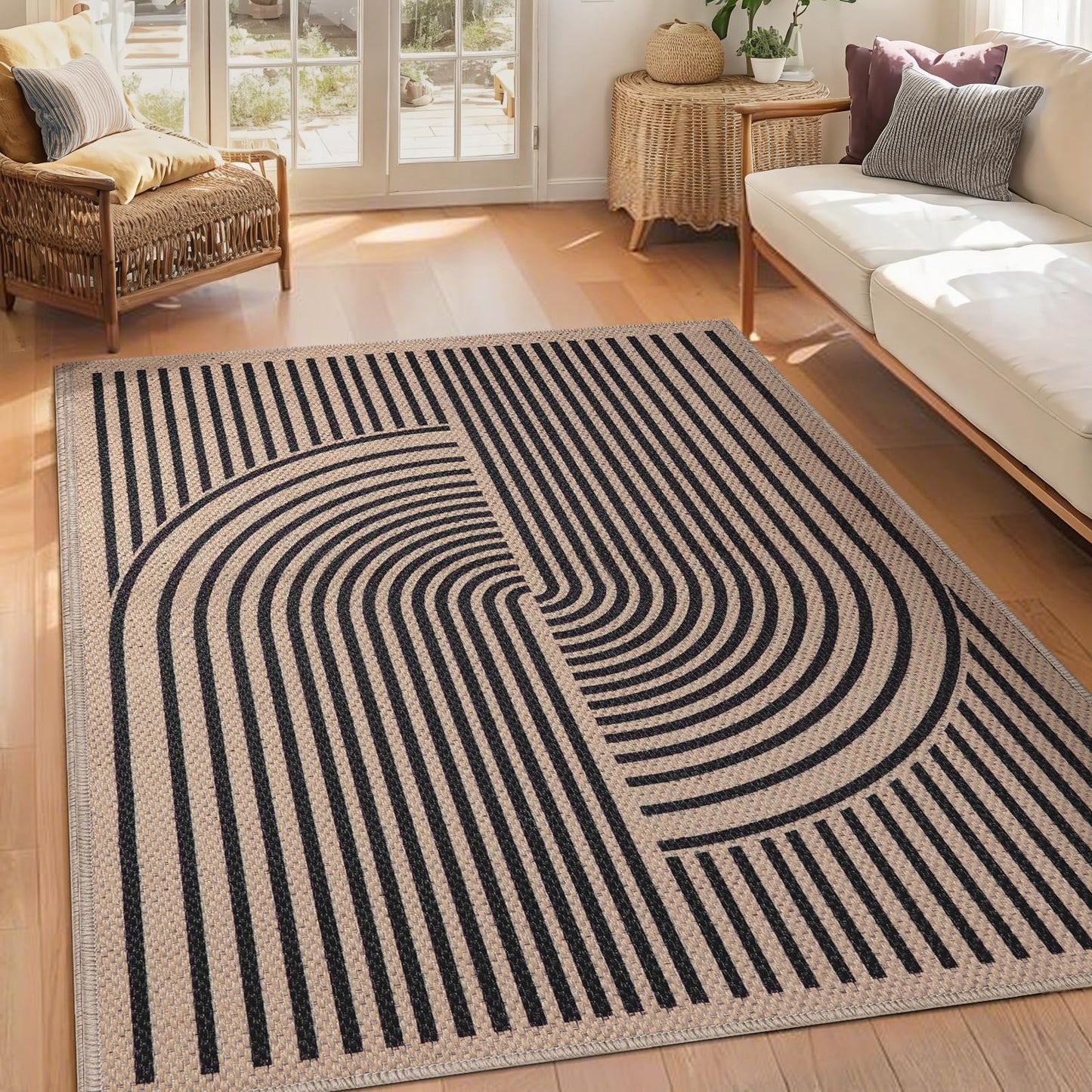 Tangsoo Easy Jute Area Rug 4x6 Washable Rug for Indoor Outdoor Patio,Non-Slip Black Indoor Outdoor Carpet,Boho Farmhouse Throw Mat for Front Porch Kitchen Bedroom Foyer