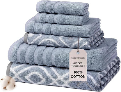 Modern Threads Oxford 6-Piece 100% Cotton Towel Set – Yarn Dyed Jacquard &