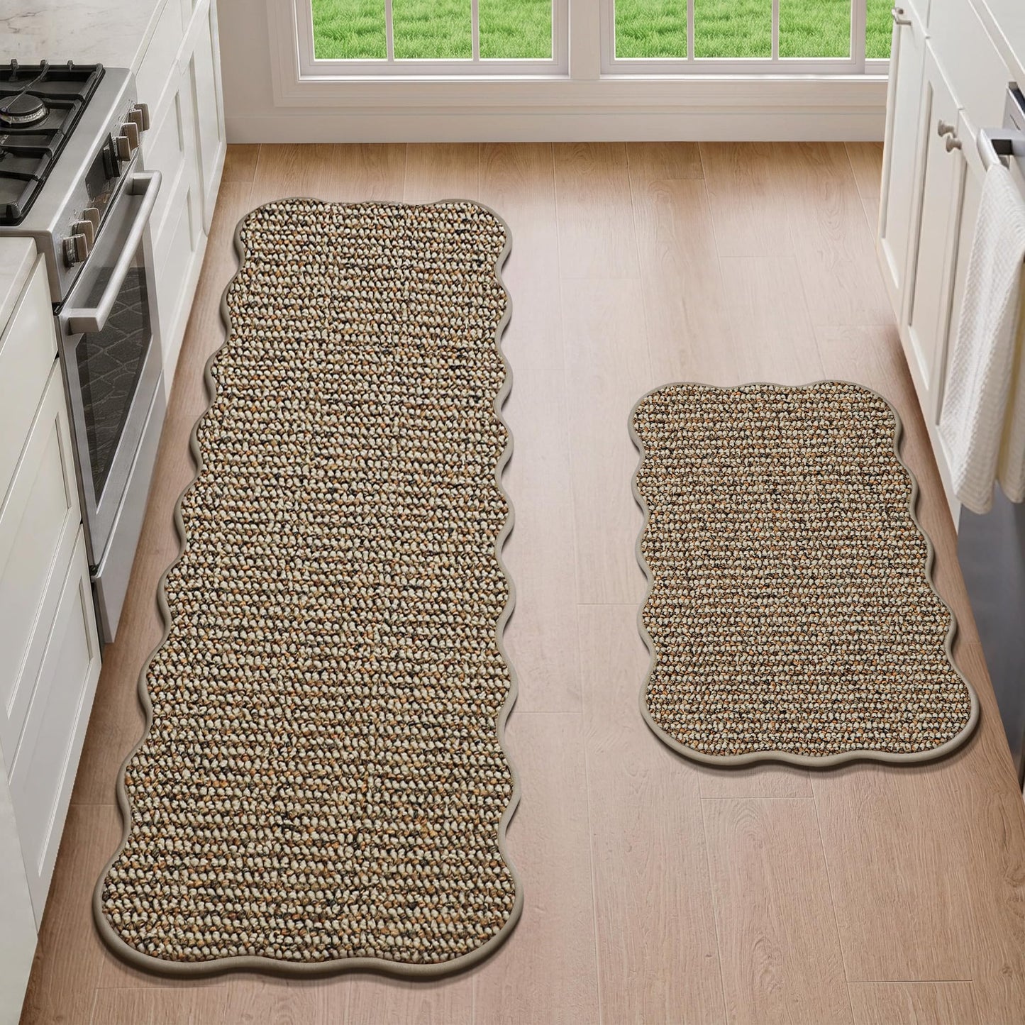 JSEI Scalloped Kitchen Rugs and Mats 2PCS, Kitchen Mats for Floor, Non-Slip Washable Kitchen Runner, Absorbent Rugs for Kitchen, Laundry & Sink, 17"x30"+17"x48", Taupe