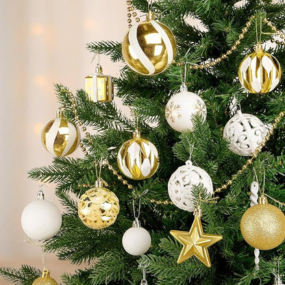 Ouddy Decor 84 Pcs Christmas Tree Ornaments Set, Gold and White Christmas Decorations Shatterproof Plastic Glittery Baubles for Wreath Garland Wedding Party Holiday New Year Home Decor, Gold & White