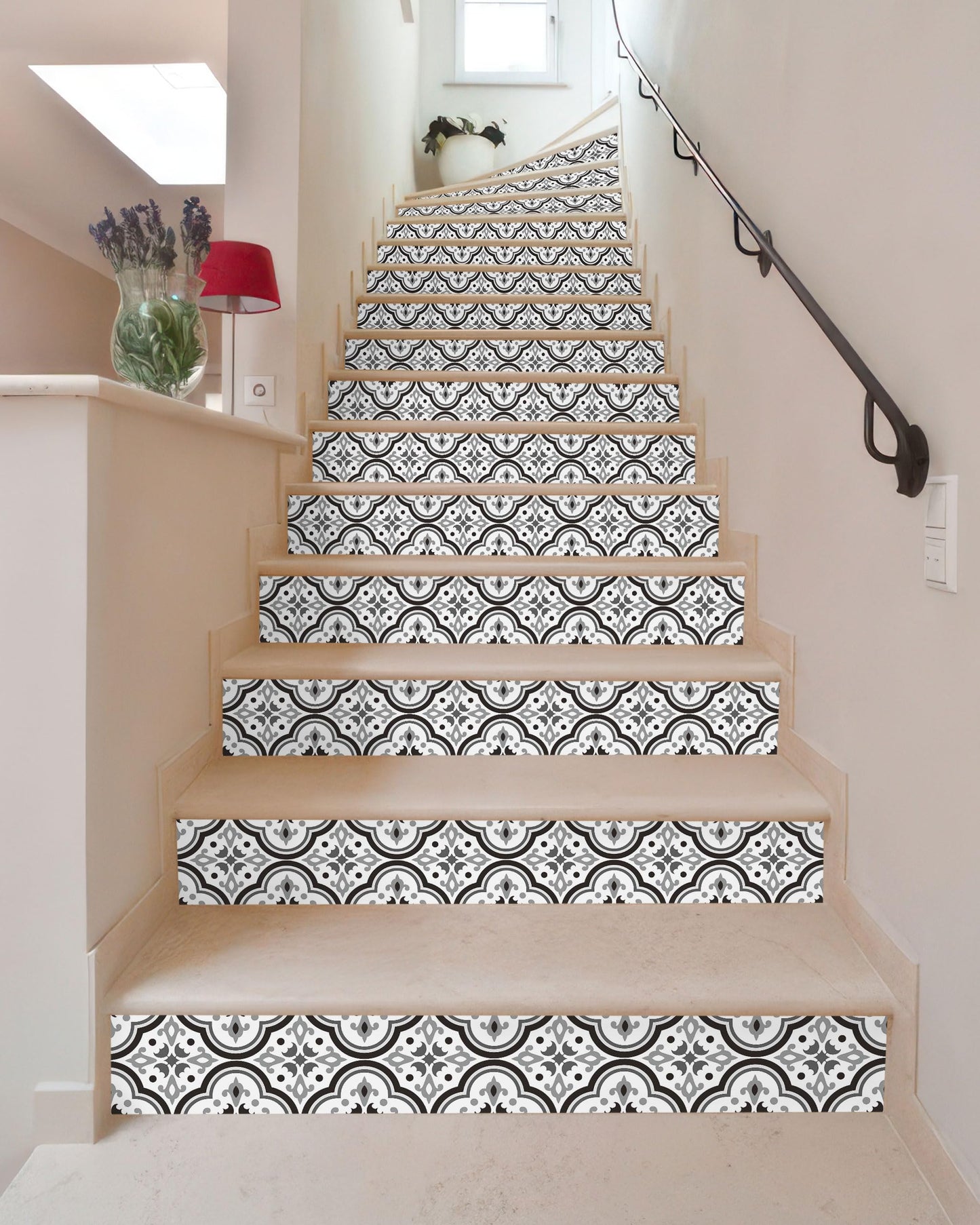 FLFK Black Patterns Stair Stickers - Set of 15, Peel and Stick Stair Riser Decals, 39.3"x7.08"