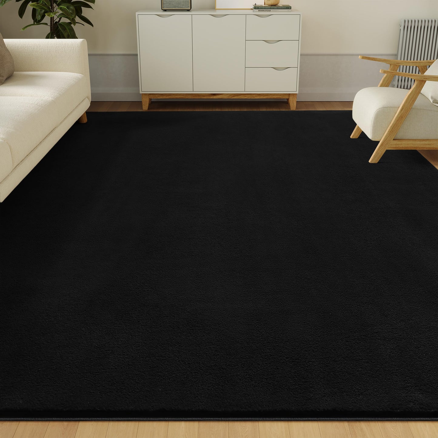 CASTLYE Solid Washable Area Rug - 8x10 Medium Pile Faux Cashmere Carpet for Living Room Bedroom, Black