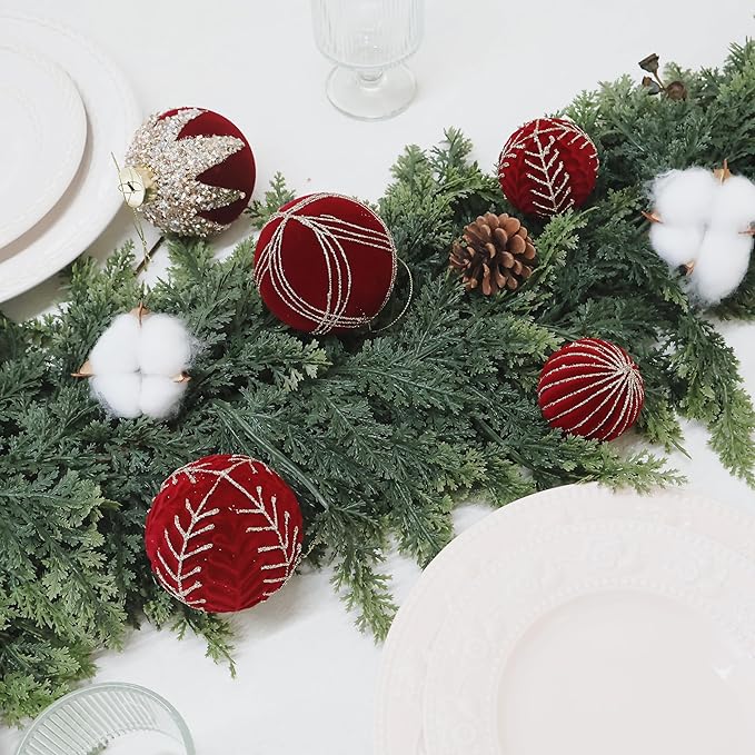 3.15INCH Burgundy Velvet Ornaments for Christmas Tree, 12PCS Glitter Flocked Christmas Ornaments Decorations Balls Set Decor