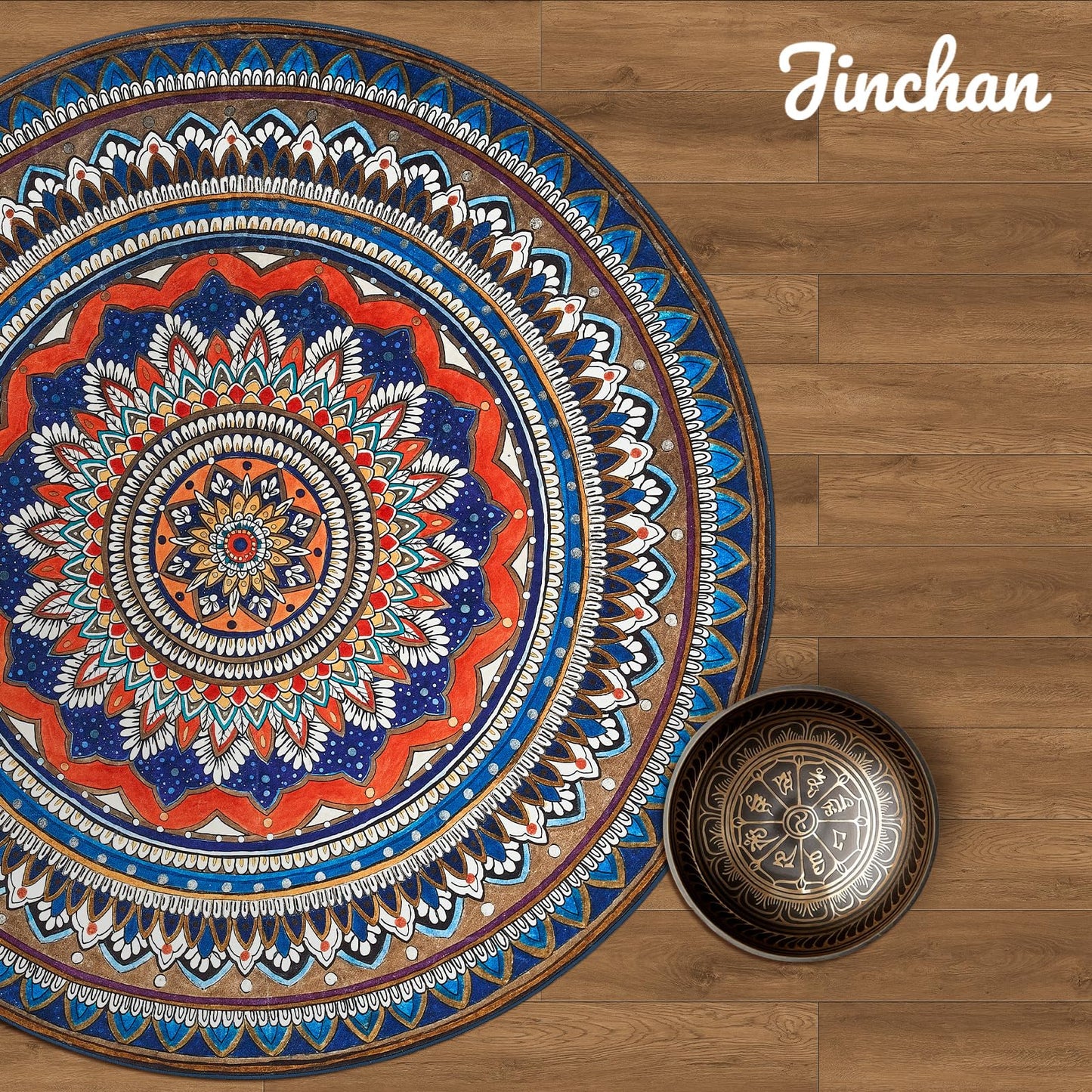 jinchan Mandala Round Rug 6ft Blue Rustic Boho Washable Rug Tribal 6' Round Vintage Peaceful Circle Rug Soft Non Slip Low-Profile Carpet for Living Room Bedroom Dining Room Patio, Saffron Blue