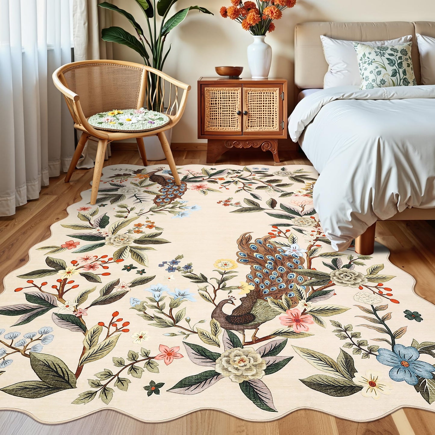 Garvee Scalloped Floral Peacock 8x10 Rug, Washable Large Non Slip Nursery Rugs Indoor Farmhouse Low Pile Area Rug for Bedroom Living Room, Ultra Thin Botanical Home Decor Carpet Mat, Beige
