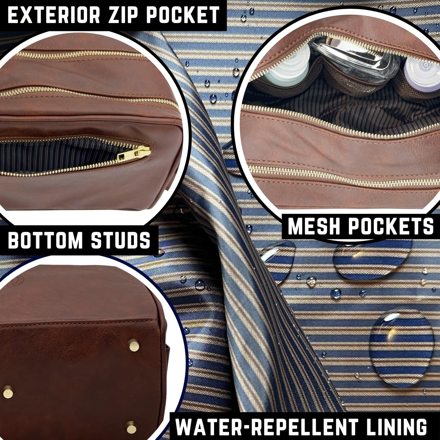 Toiletries bag for men, Premium PU Leather Dopp with Metal Zippers & Bottom Studs, Waterproof Grooming Kit for Men, Mens Birthday Gift, Includes Velvet Dust Bag & Shape-Retention Stuffing / DARK BROWN
