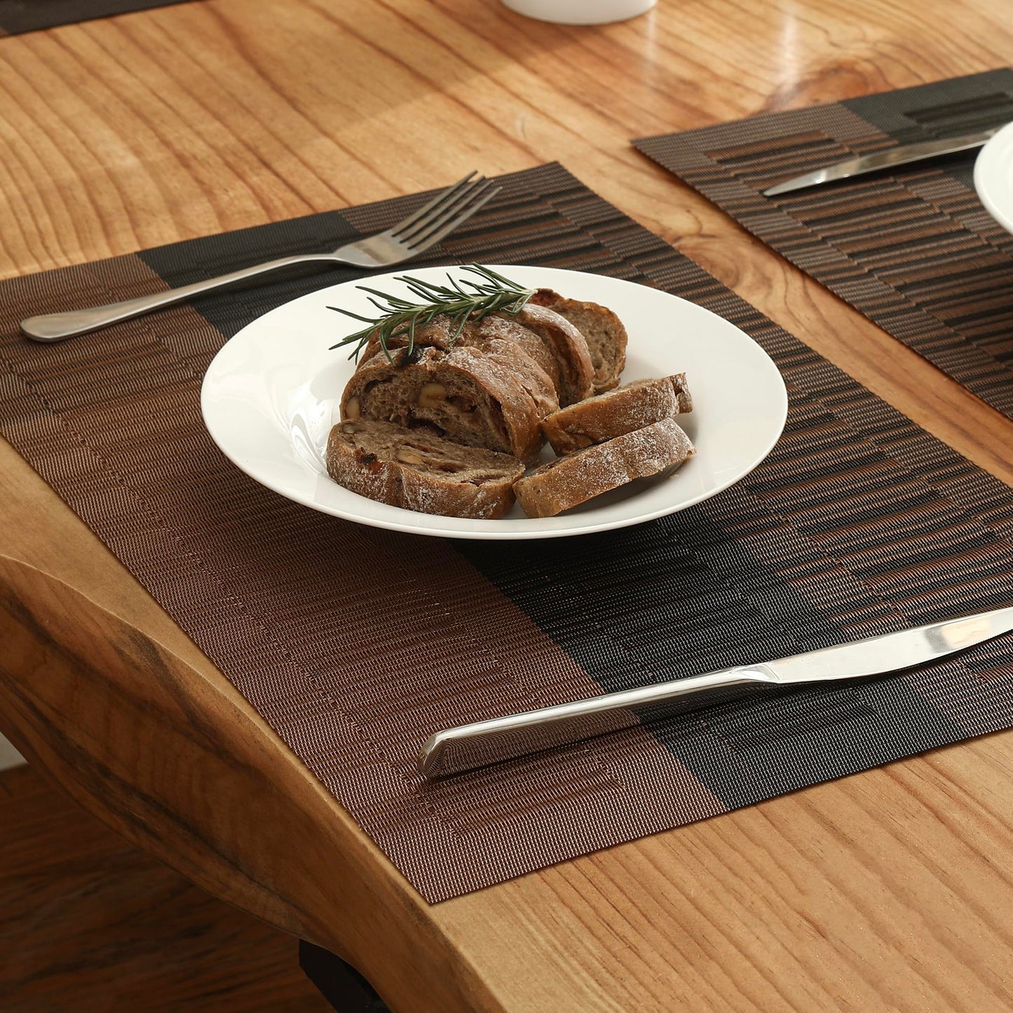 Leetaltree Brown with Black Striped Placemats Set of 8 - Heat Resistant Non-Slip Place mats for Dining Table, Washable Durable PVC Vinyl Woven Table Mats（Brown Stripe, 8）