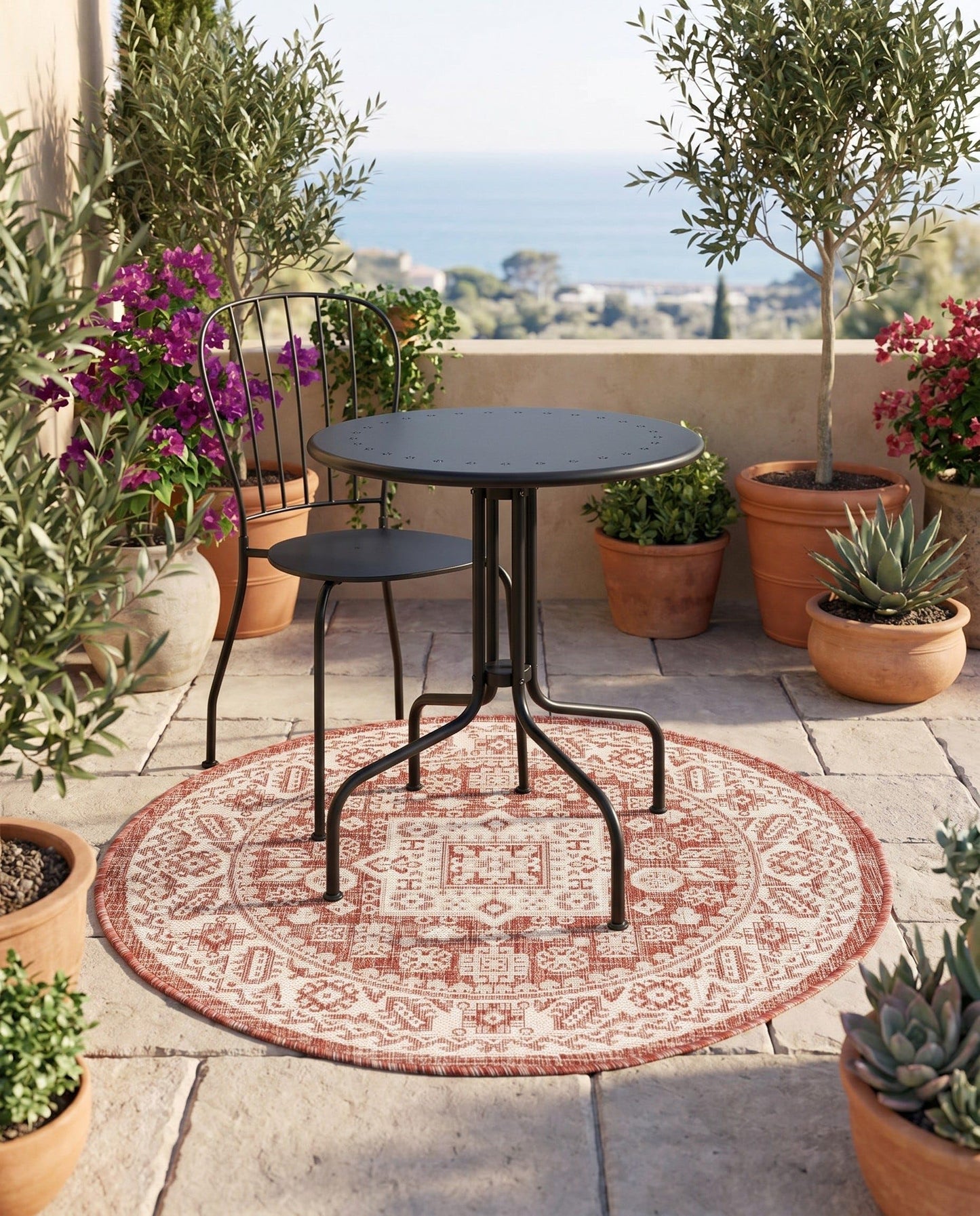 Rugs.com - Outdoor Aztec Rug – 3 Ft Round Rust Red Easy-Clean Indoor/Outdoor Rug – Weather Resistant for Patios, Decks, and Porches