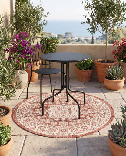 Rugs.com - Outdoor Aztec Rug – 3 Ft Round Rust Red Easy-Clean Indoor/Outdoor Rug – Weather Resistant for Patios, Decks, and Porches