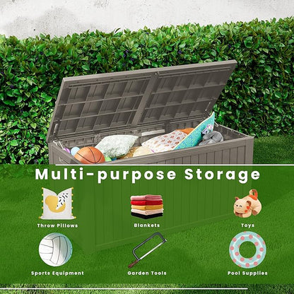 200 Gallon Waterproof Large Resin Deck Box Indoor/Outdoor Lockable Storage Container and Seating for Garden, Pool, and Patio (200 Gallon, Grey)