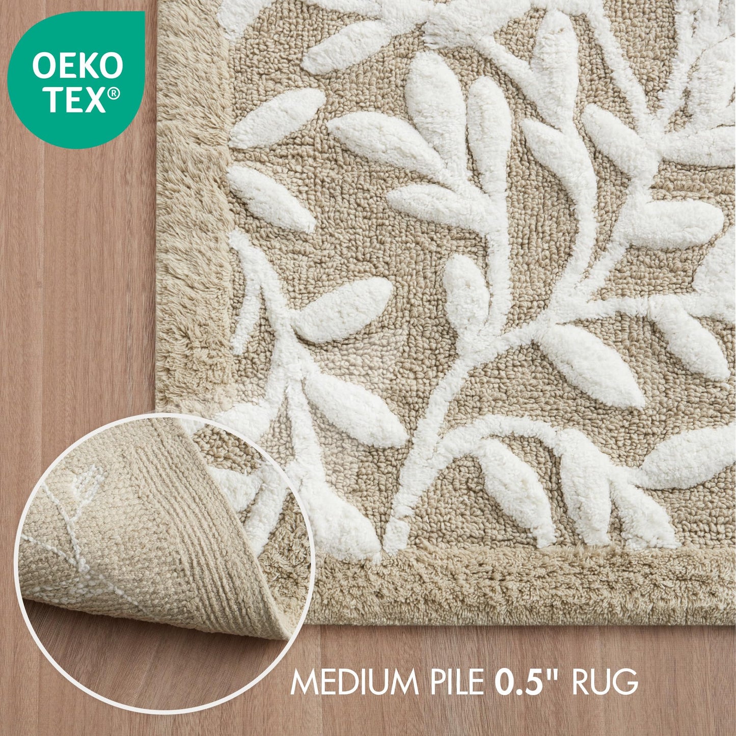 Madison Park Serene 100% Cotton Tufted Bathroom Rug - High & Low Tufting Floral Leaf Design, Quality Luxurious Plush Medium Pile Bath Mat Absorbent, Quick Dry, Shower Room Décor, 21x34 Taupe