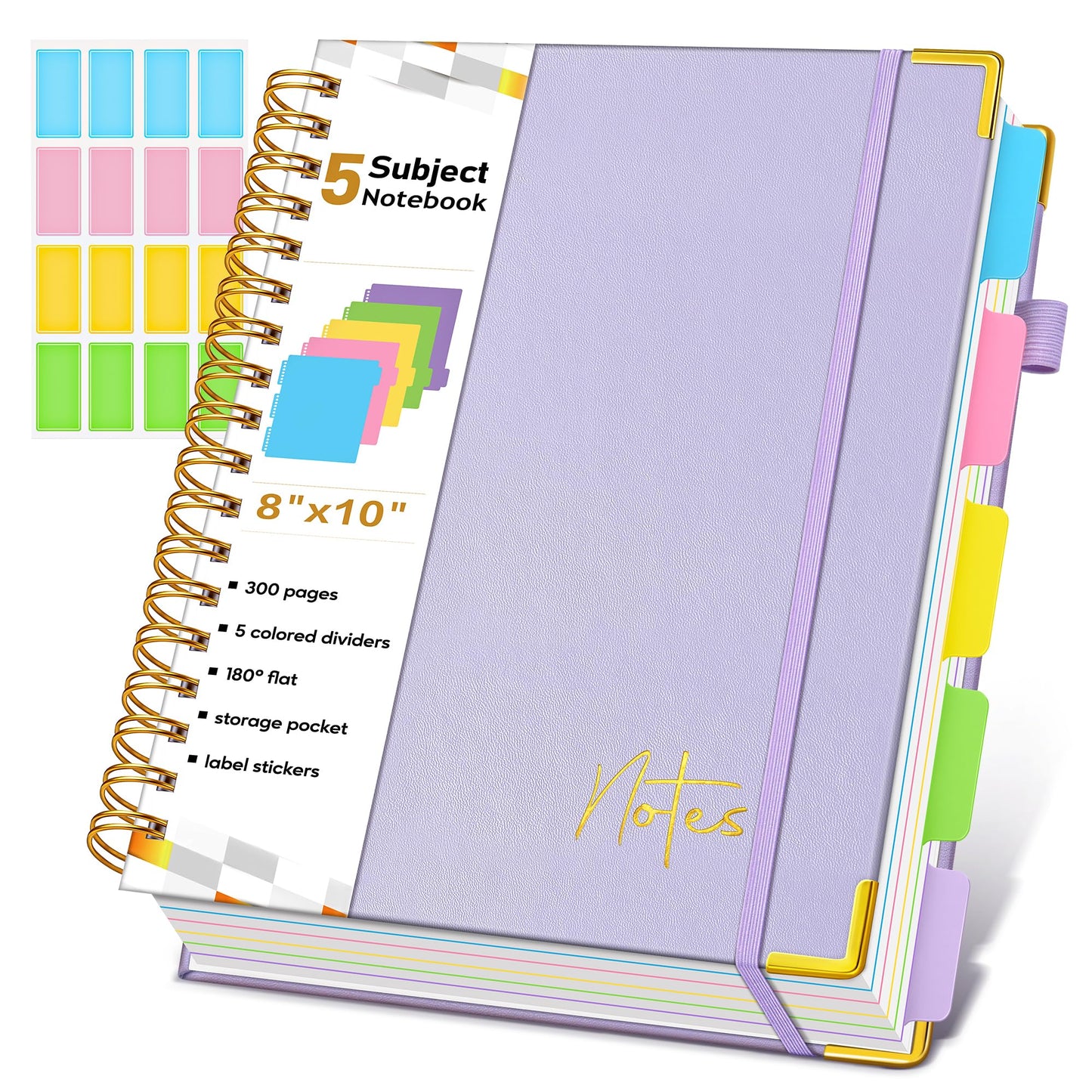 Spiral Notebook Journal with Removable Dividers Tabs, 300 Pages Hardcover Leather 5 Subject College Ruled Notebook, 8"x10" Large B5 Lined Journal for Women Men, Spiral Notebooks for Work School,Purple