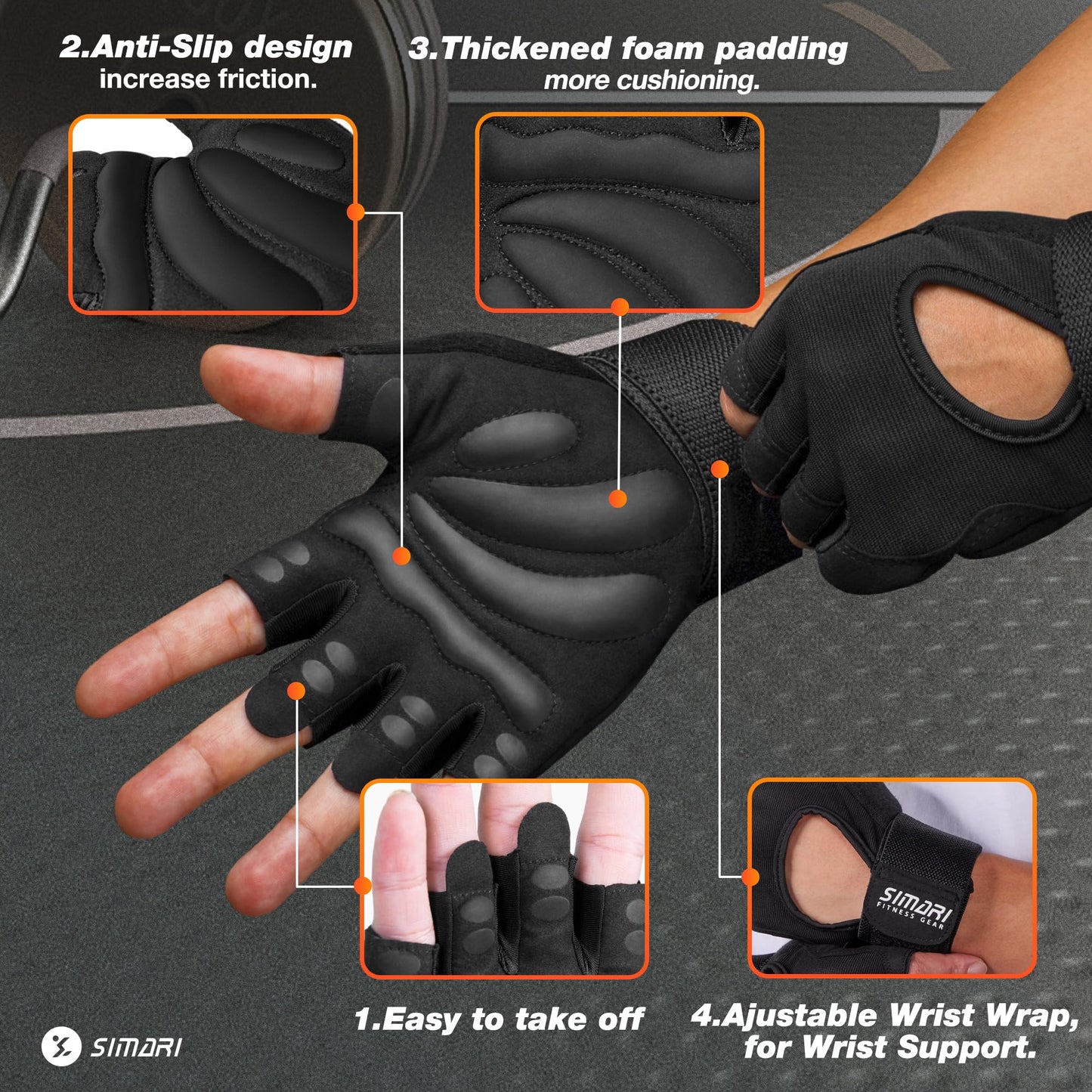 SIMARI Padded Workout Gloves for Men and Women, Breathable Weight Lifting Gloves with Wrist Wraps Support, Grip, Full Palm Protection for Gym Training, Cycling, Weightlifting, Exercise