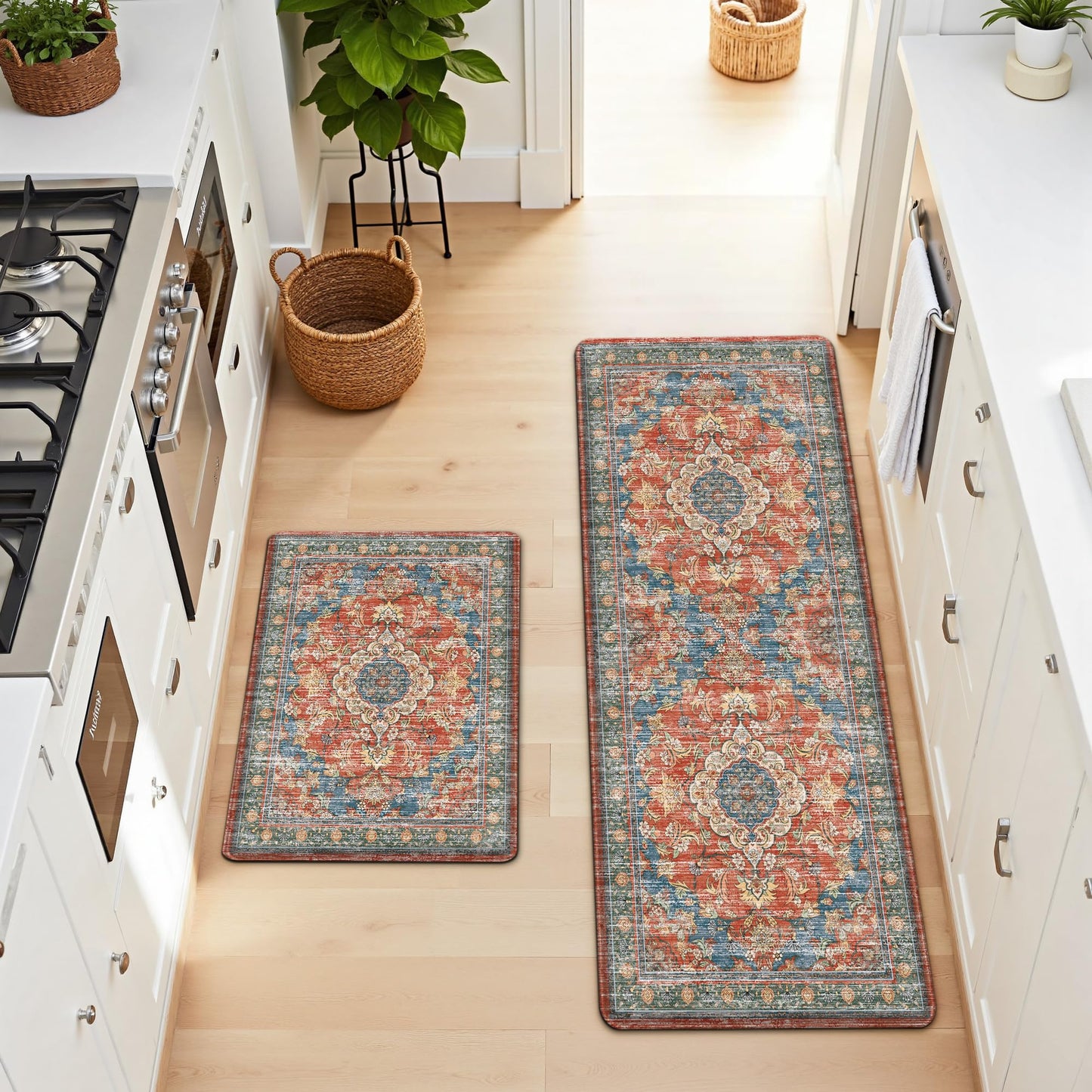 Boho Kitchen Mats for Floor 2 Piece Set Anti Fatigue Cushioned PVC Kitchen Rugs Non Slip Waterproof Farmhouse Mats 2/5 Inch Comfort Standing Mat for Sink, Laundry, 17.3"x47"+17.3"x28", Retro Red