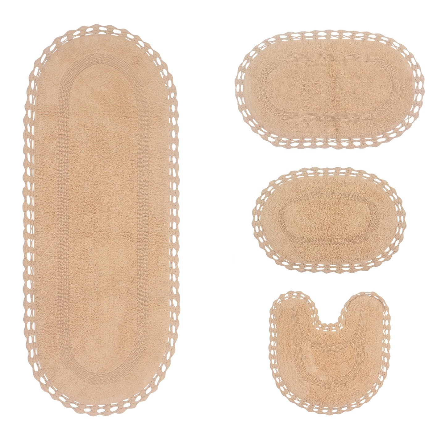 Home Weavers Hampton Crochet Reversible Bathmat 100% Cotton Bathroom Rugs Set, Washable Rug, Extra Soft and Absorbent Bath Rug, Kitchen Mat, Bath Mat Set, Mat Non Slip, 4 Piece Set with Runner, Linen