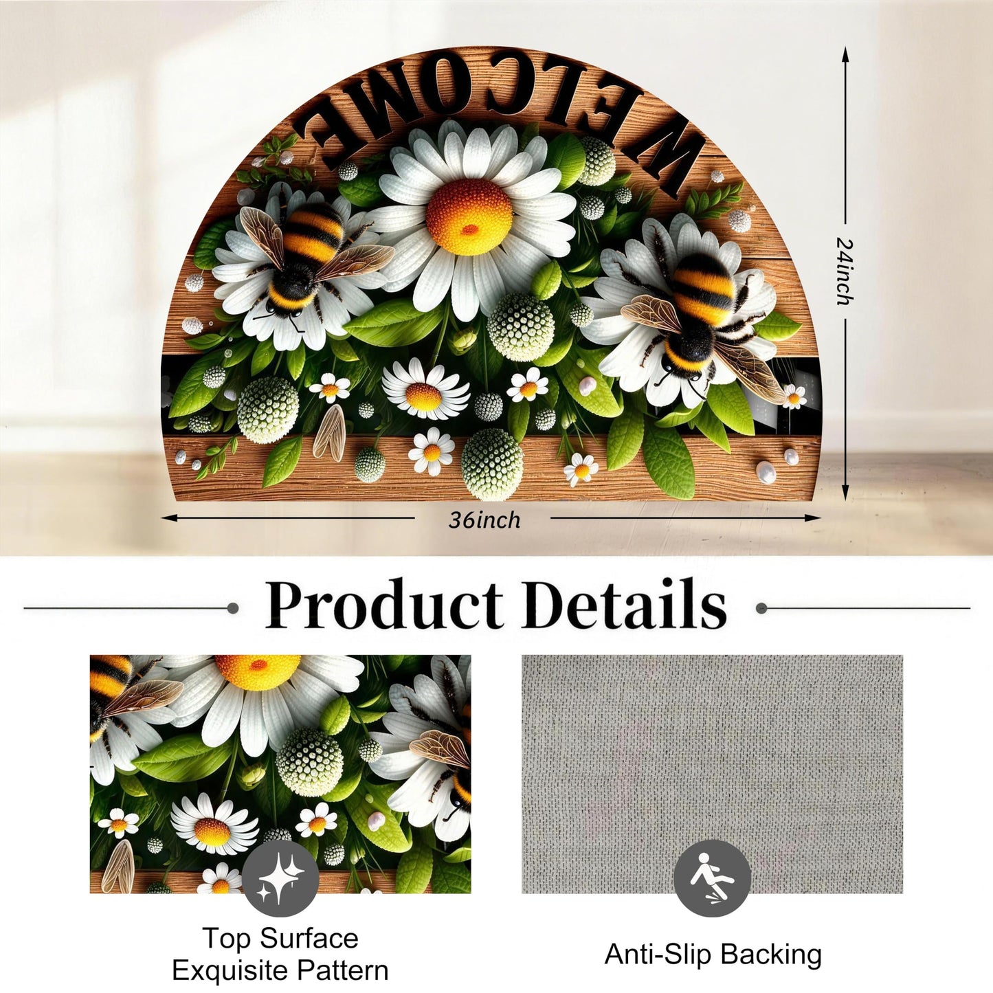 WOYUO Half Circle Door Mat 20"x31.5" Non-Slip Washable Welcome Mat, Low Profile Front Door Mat Semicircular Entrance Doormat, Dirt Trapper Floor Mat (Bees and Flowers, 24"x 36" Large Half Round)
