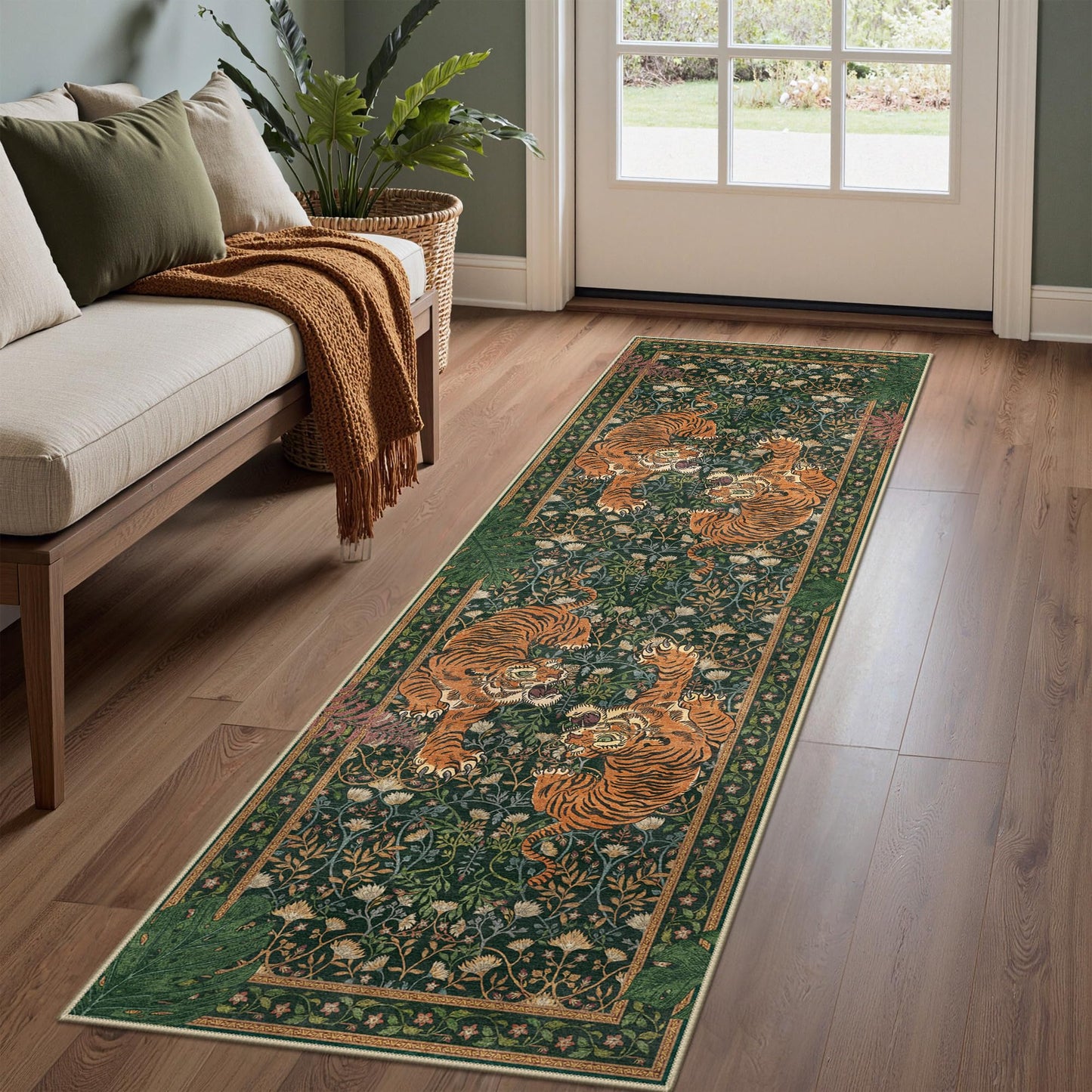 Bavni Tiger 2x6 Washable Runner Rug Non Slip, Boho Vintage Oriental Hallway Runner, Low Pile Soft Green Carpet Stain Resistant, Botanical Animal Kitchen Runner Rugs for Entryway Bedroom Laundry