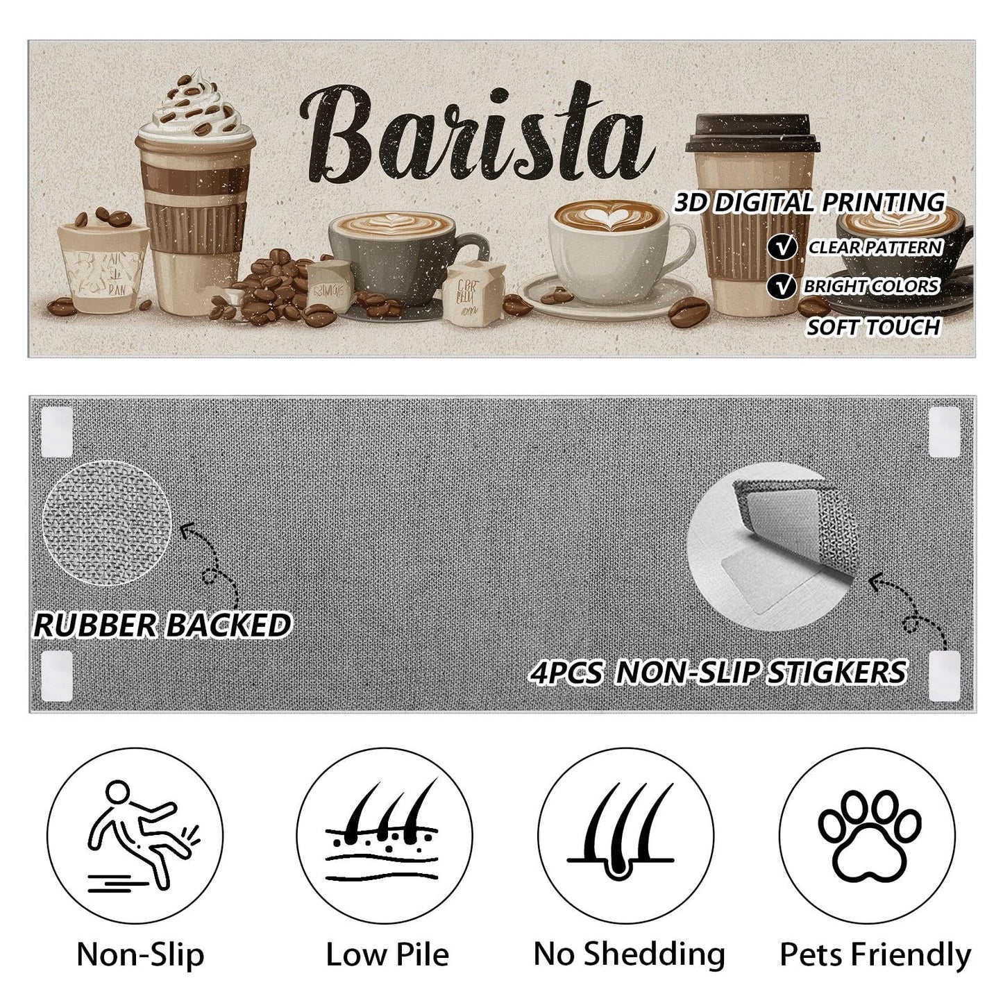 Barista Coffee Runner Rug for Hallway 3x10 Coffee Cup Kitchen Rugs Non Slip Washable, Farmhouse Cafe Latte Mocha Art Decor Carpet, Soft Low Pile Runner Rug for Entryway Laundry Living Room Bedroom