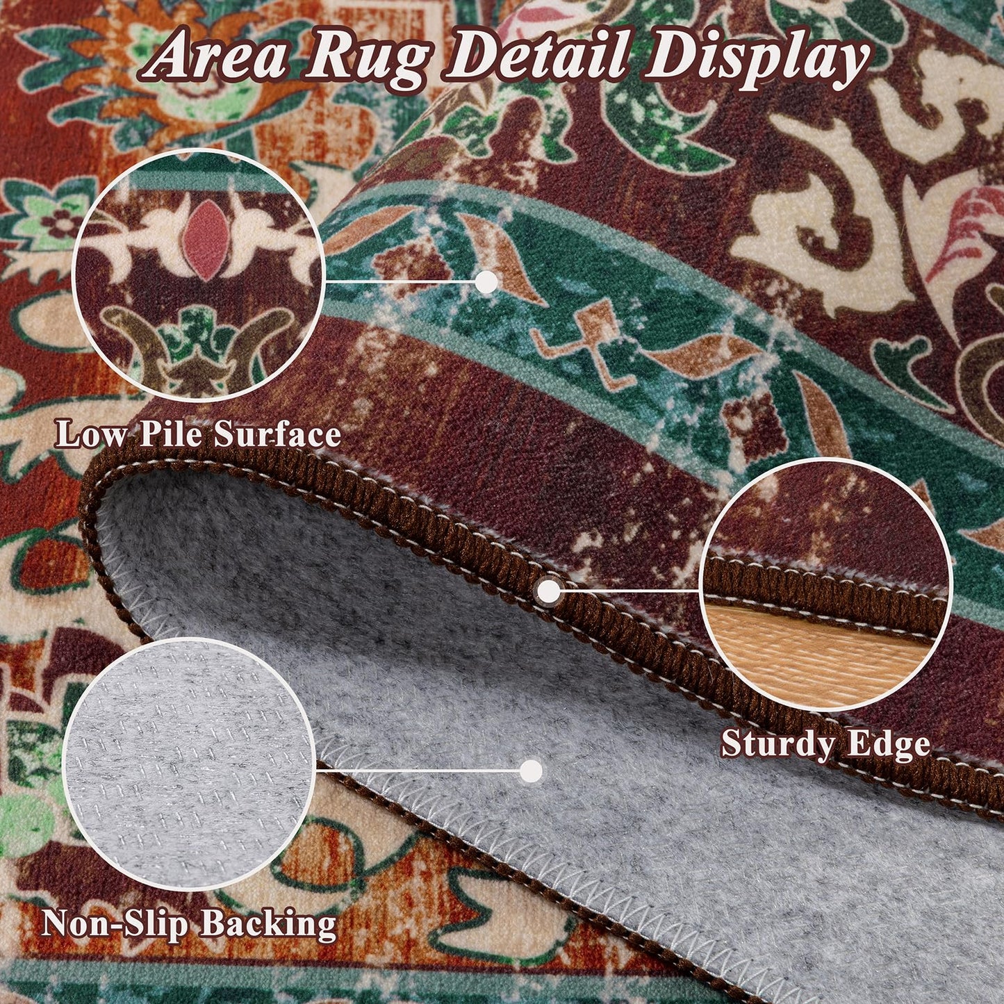 U'Artlines Boho Vintage Area Rug 5x7 Machine Washable Low Pile Ultra-Thin Soft Floor Carpet Non Slip Non Shedding Accent Rug for Living Room Bedroom Entryway Dining Room Office(Rust＆Teal)