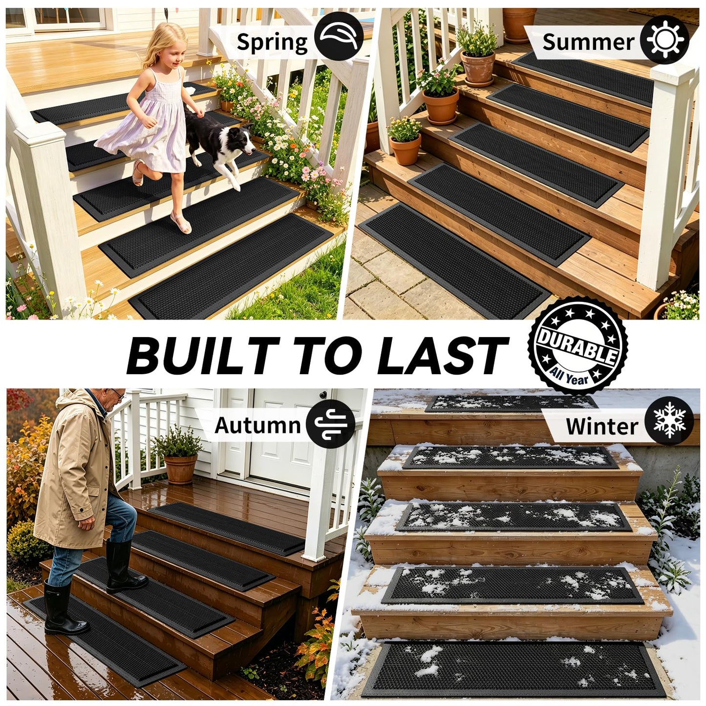 PVC Stair Treads for Wooden Step Outdoor, 8"x30" 5-Pack Self Draining Non Slip Step Covers, Heavy Duty Resistant Exterior Mats for Wood Stairs Fast Water Flow, Anti Slip Rubber-Like Stair Treads Black