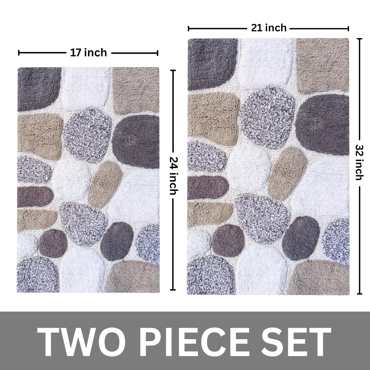 Ramanta Home Pure Cotton Pebble Stone Bath Rug Set of 2 - Light Grey, Super Soft Anti Skid Absorbent Bath Rug for Bathroom, Kitchen, Shower, Bath Tub, Machine Washable - 21x32 & 17x24 Inch