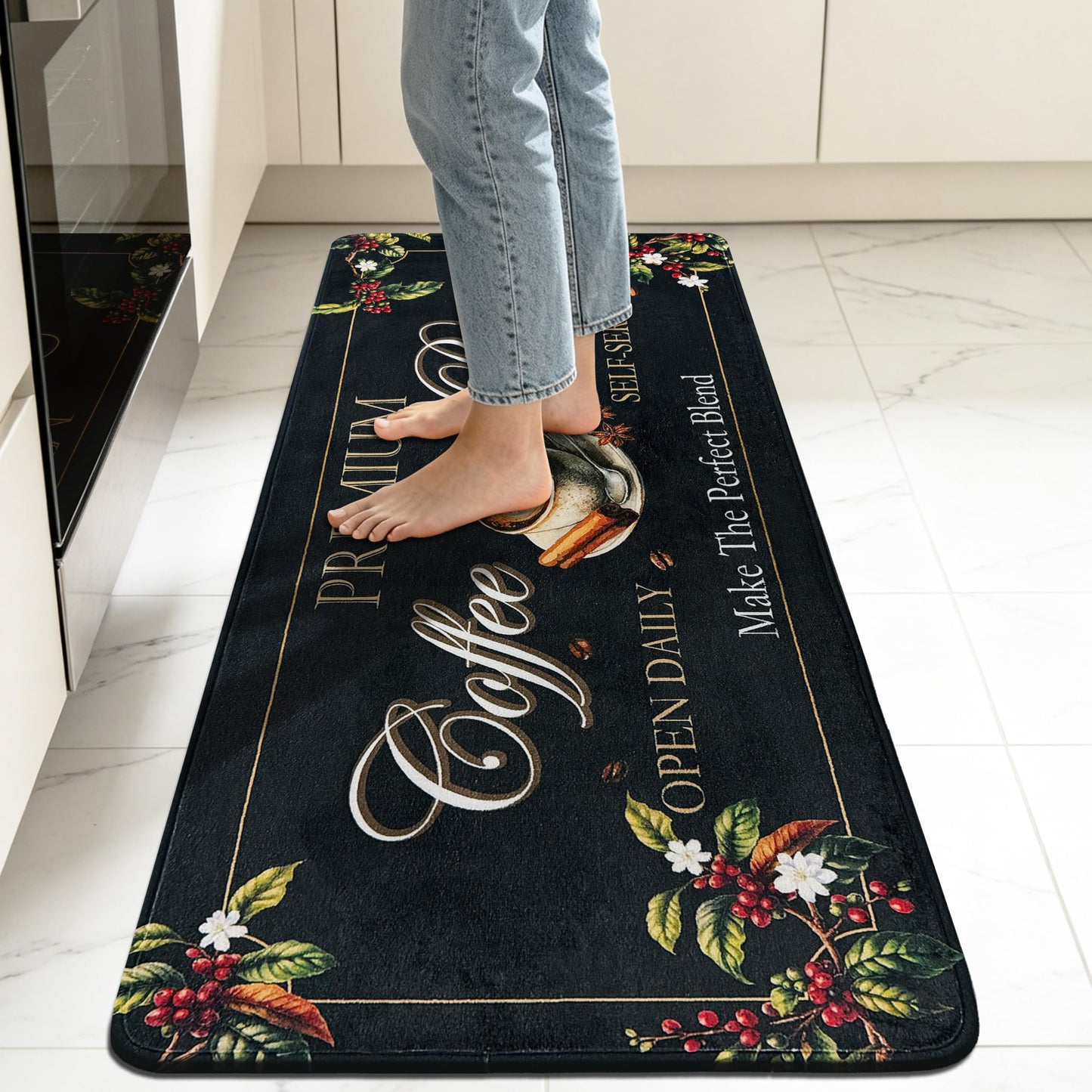 XSYarn Coffee Kitchen Rug, 20"x48" Coffee Bar Rug Low-Pile Kitchen Runner with Non-Slip TPR Backing Washable Floor Mat Home Decor Black
