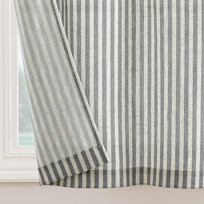 JINCHAN Tie Top Linen Kitchen Curtains 24 Inch Striped Tier Curtains Farmhouse Modern Cafe Style Small Window Treatments Airy Light Filtering Rod Pocket for Living Room Bathroom 2 Panels Charcoal Grey