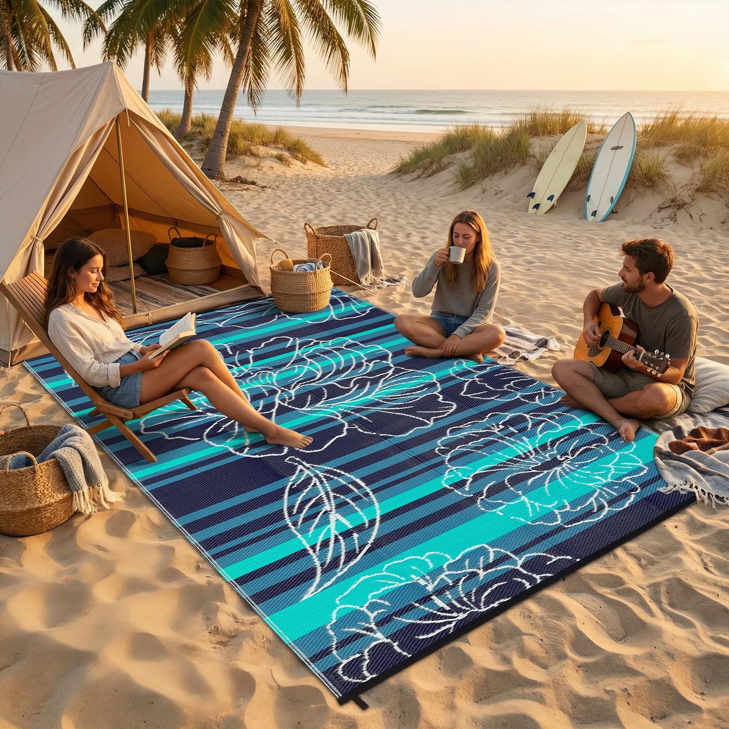 Garvee 5x8 Outdoor Waterproof Rug, Floral Outdoor Area Rug，Reversible Plastic Straw Patio Rug, Portable Camping Mat for RV, Picnic, Beach, Balcony, Garden & Camping Black&Blue