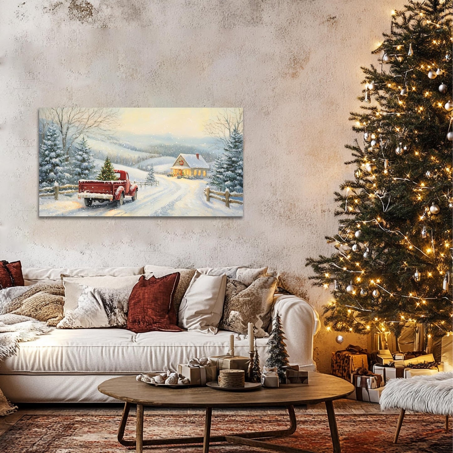 GUTTATY Christmas Canvas Wall Art, Santa Red Truck Winter Snow Scene Canvas Painting, Christmas Wall Decor Artwork, Christmas Hanging Prints Poster for Living Room, Family Home, Indoor, 32x16 Inch