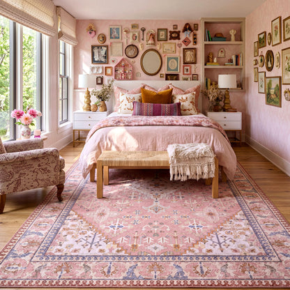 8x10 Area Rugs for Living Room, Machine Washable Low Pile Rug, Non Slip Backing Boho Rugs for Bedroom, Printed Soft Vintage Carpet Peach Pink 8 x 10