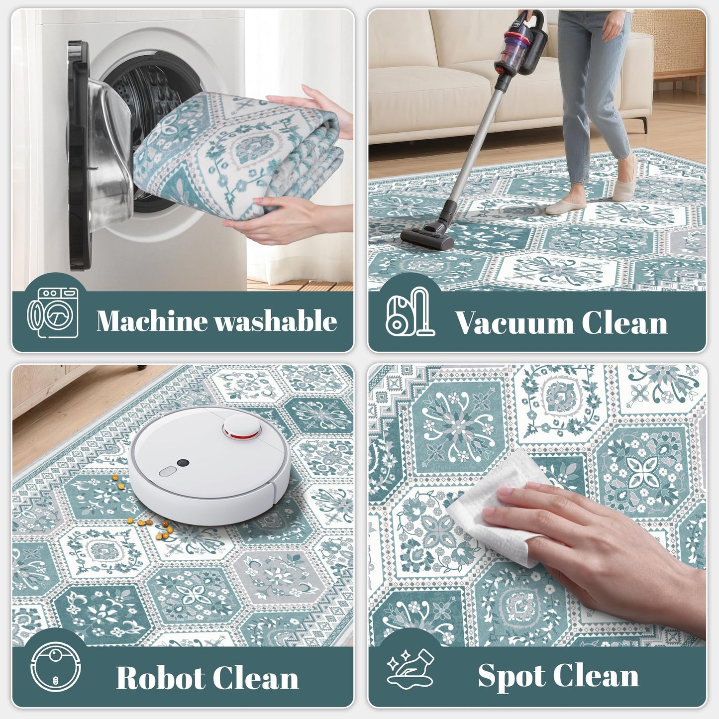 TTelephant 2x3 Washable Entryway Rugs, Soft Non-Slip Boho Moroccan Rug, Low-Pile Printed Indoor Teal Throw Rugs for Entrance, Kitchen, Bedroom Bedside- Teal