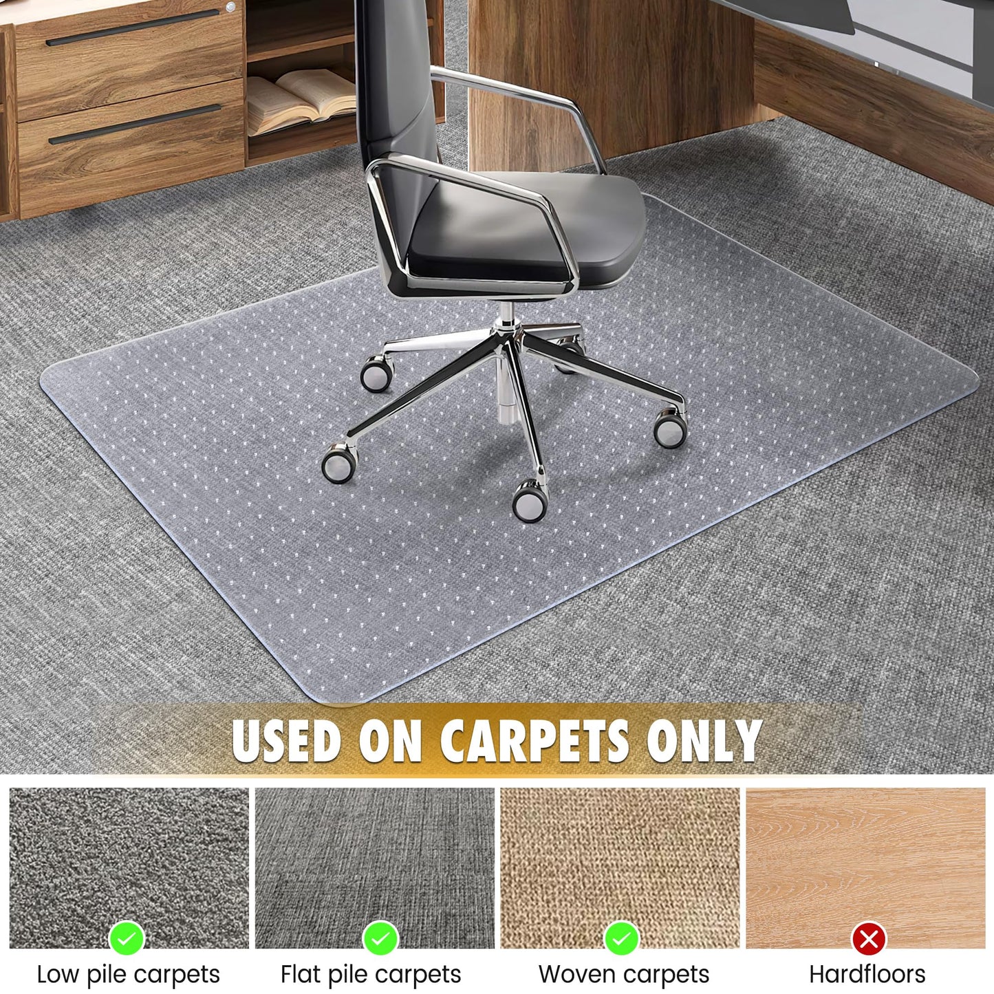 BesWin Office Chair Mat for Carpet, 32" x 48" Heavy Duty Hard Computer Desk Chair Mat for Carpeted Floors, Anti-Slip Carpet Floor Protector Mat for Office Chair, Smooth Glide, Ship Flat