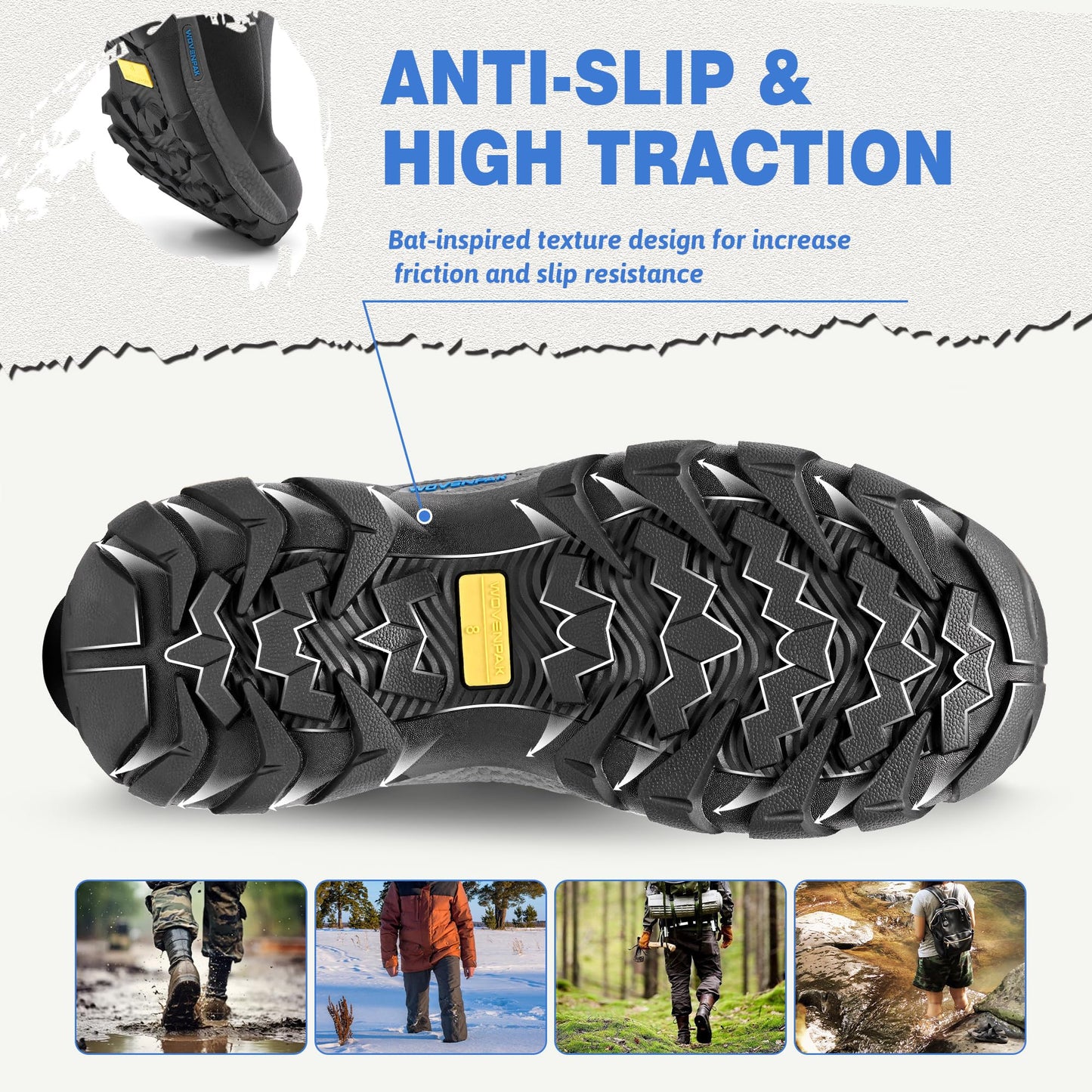WOVENPAK Rubber Boots for Men, Mens Boots Waterproof Insulated Hunting Boots with Steel Shank, Neoprene Rubber Work Mud Boots Outdoor All Season, Size 7