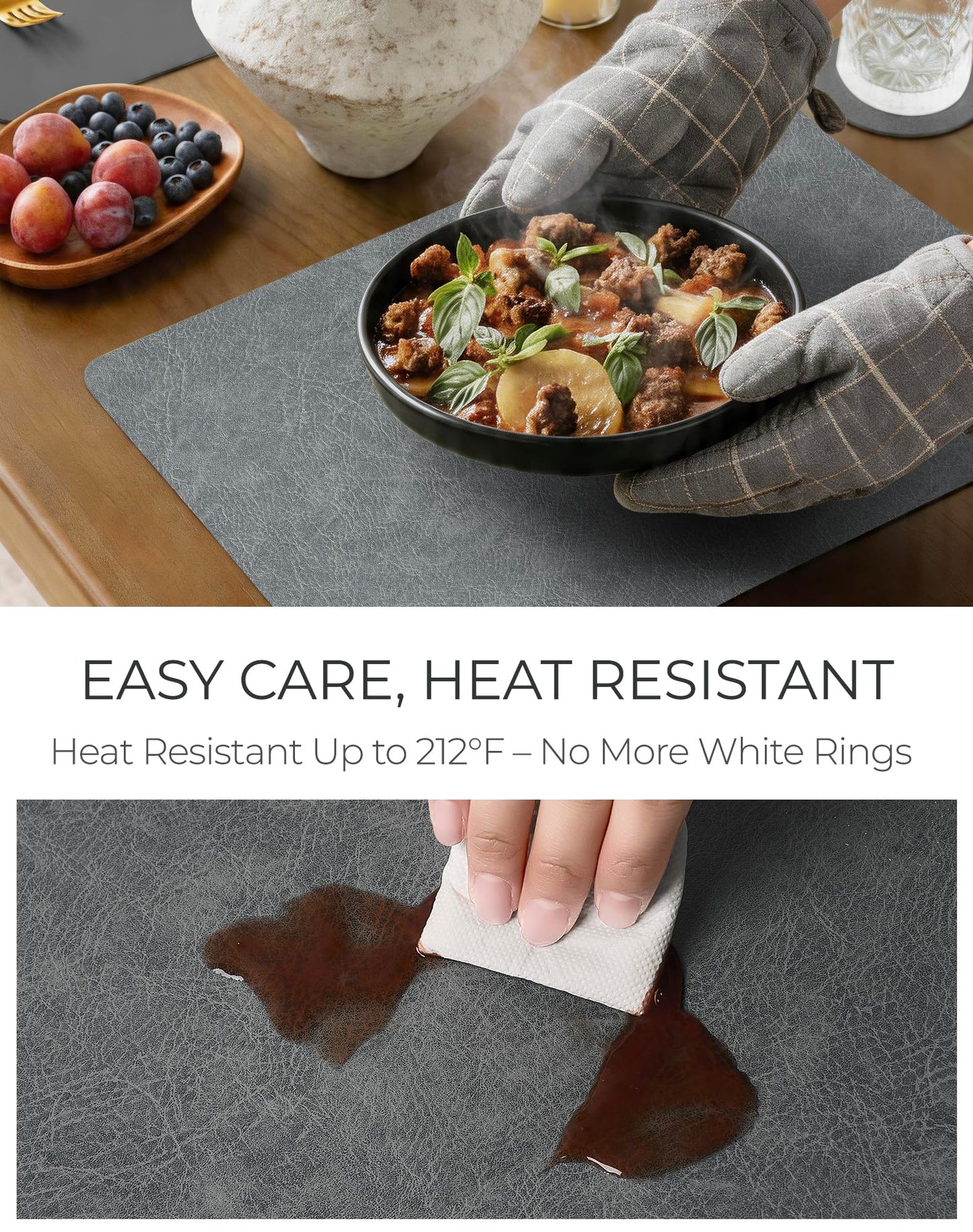 Leetaltree Reversible Faux Leather Placemats Set of 8, 12x17 Inch - Heat Resistant, Waterproof, Non-Slip Table Mats for Dining Kitchen, Hotel-Quality, Mist Grey