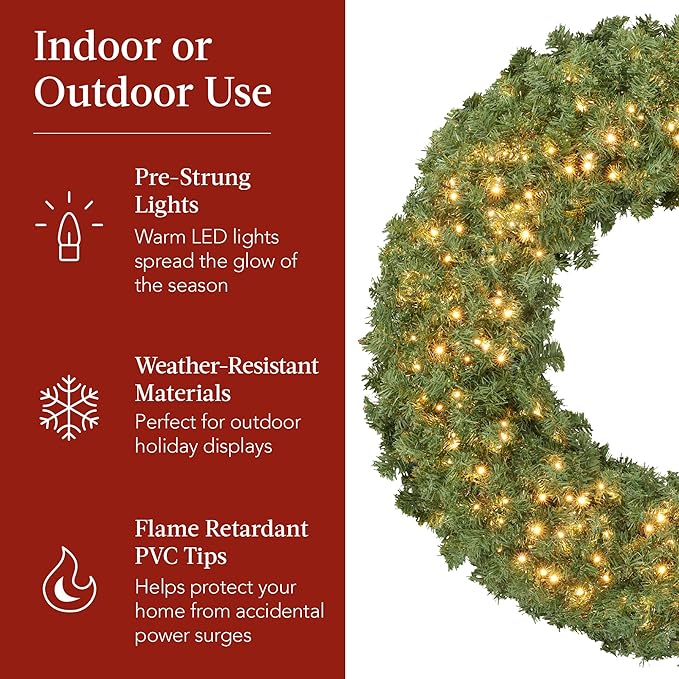 Best Choice Products 24in Large Artificial Pre-Lit Fir Christmas Wreath Holiday Accent Decoration for Door, Mantel w/Red Lighted Bow, 70 LED Lights, 100 PVC Tips, Battery Operated