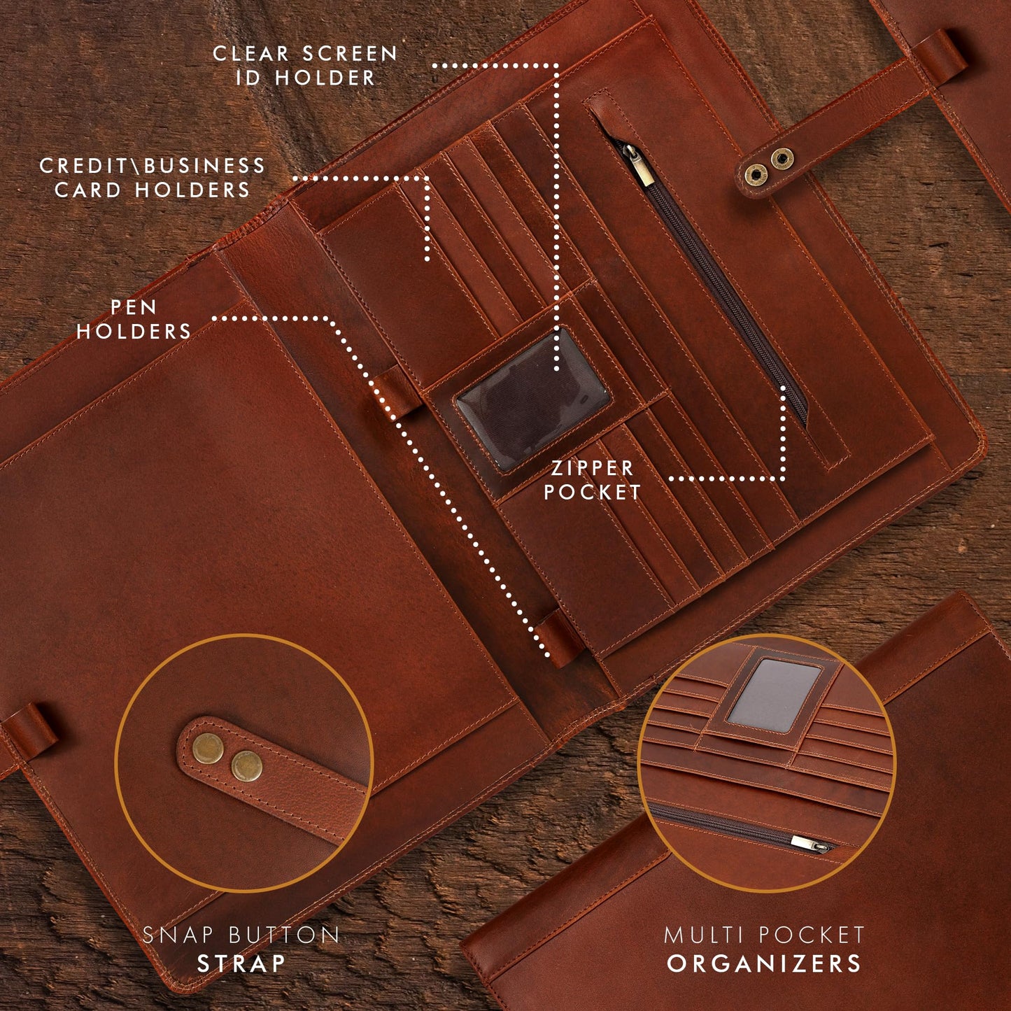 ELIZO Leather Portfolio Padfolio Leather Binder Folder for Men and Women Professional Business Portfolio Organizer Men and Women Antique Letter Strap