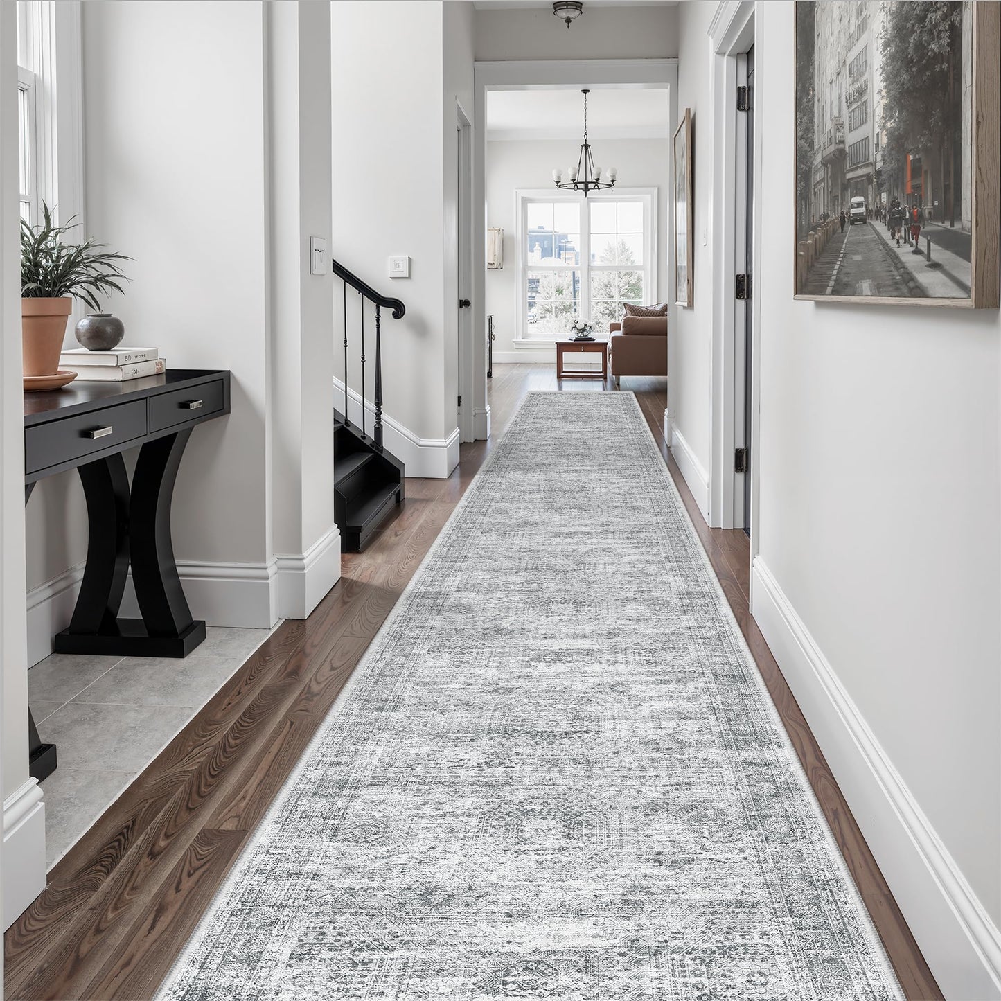 Soalmost Runner Rug 2'6" x 14' Washable Non-Slip Runner Rugs for Kitchen Bathroom Laundry Room Vintage Ultra Thin Runners for Hallway Entryway Grey