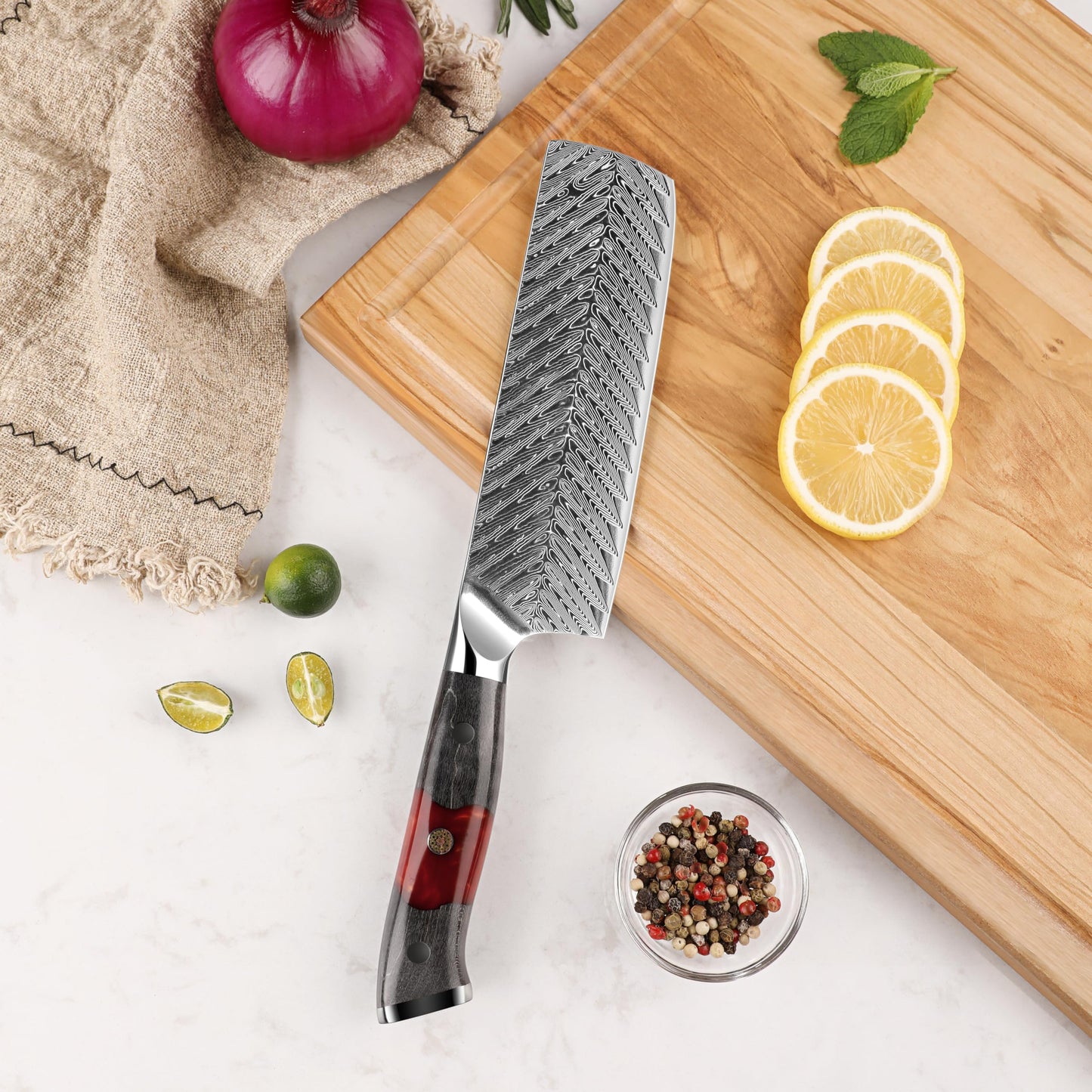 Seido Knives Inferuno 7 Inch Nakiri Knife – AUS-10 Core with 73-Layer Damascus Steel and Ergonomic Resin Maple Handle