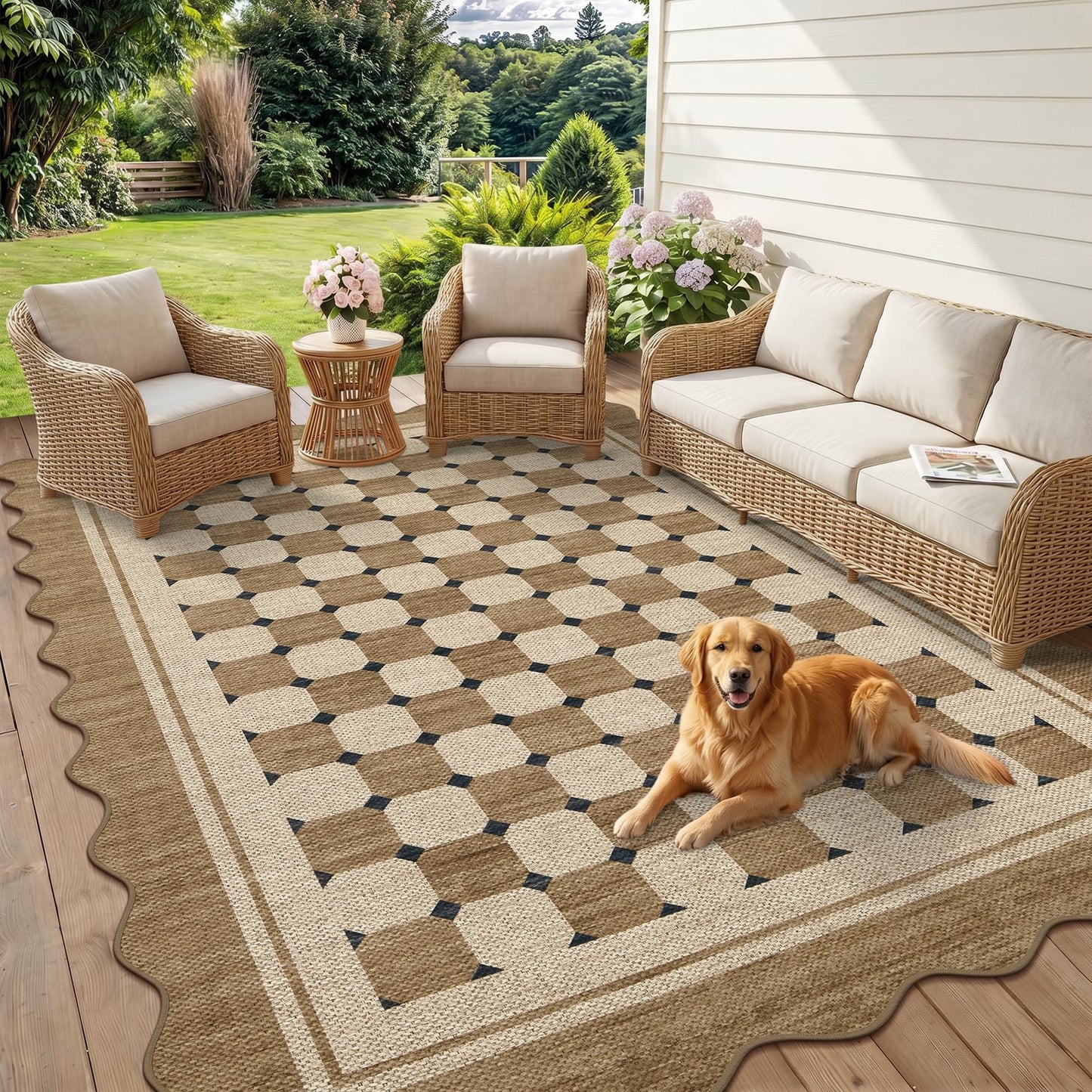 Garvee Easy Jute Scalloped Area Rug, 4x6 Neural Checkered Modern Washable Rugs for Living Room Non-Slip Low Pile Entryway Rug, Farmhouse Indoor Outdoor Carpet for Kitchen Backyard Bedroom Office 4'x6'