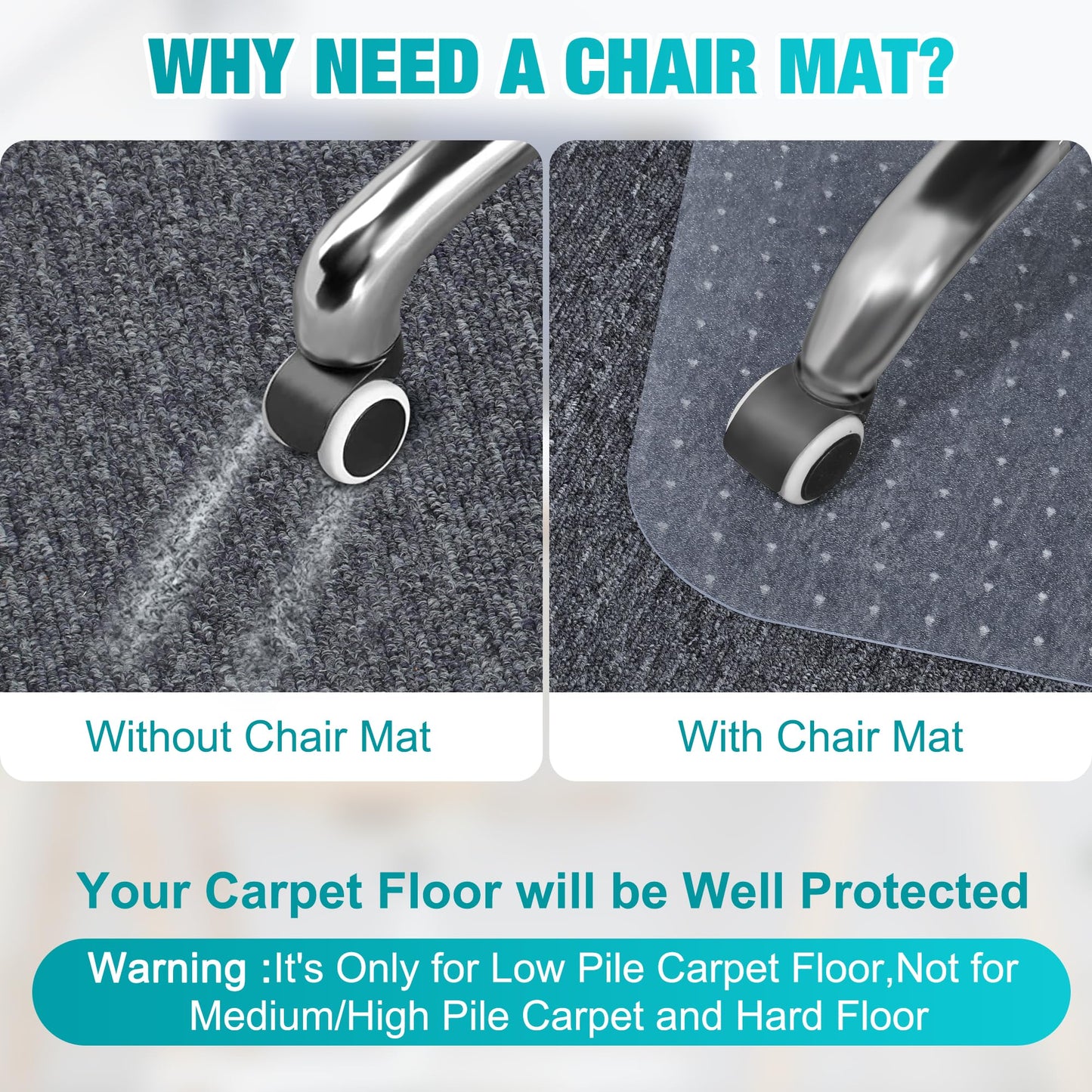 BesWin Office Chair Mat for Carpet, 48'' x 60'' Clear Floor Mat for Low and No Pile Carpeted Floors, Thick and Sturdy Carpet Protector for Work, Home, Gaming, Easy Glide and Flat Without Curling