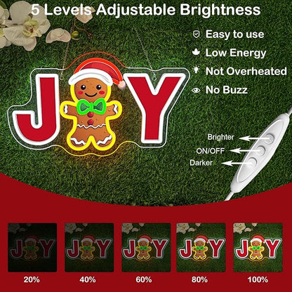 JOY Gingerbread Man Neon Sign – Christmas LED Wall Light with Santa Hat & Holiday Décor – Festive Neon Sign for Home, Parties, and Seasonal Decorations