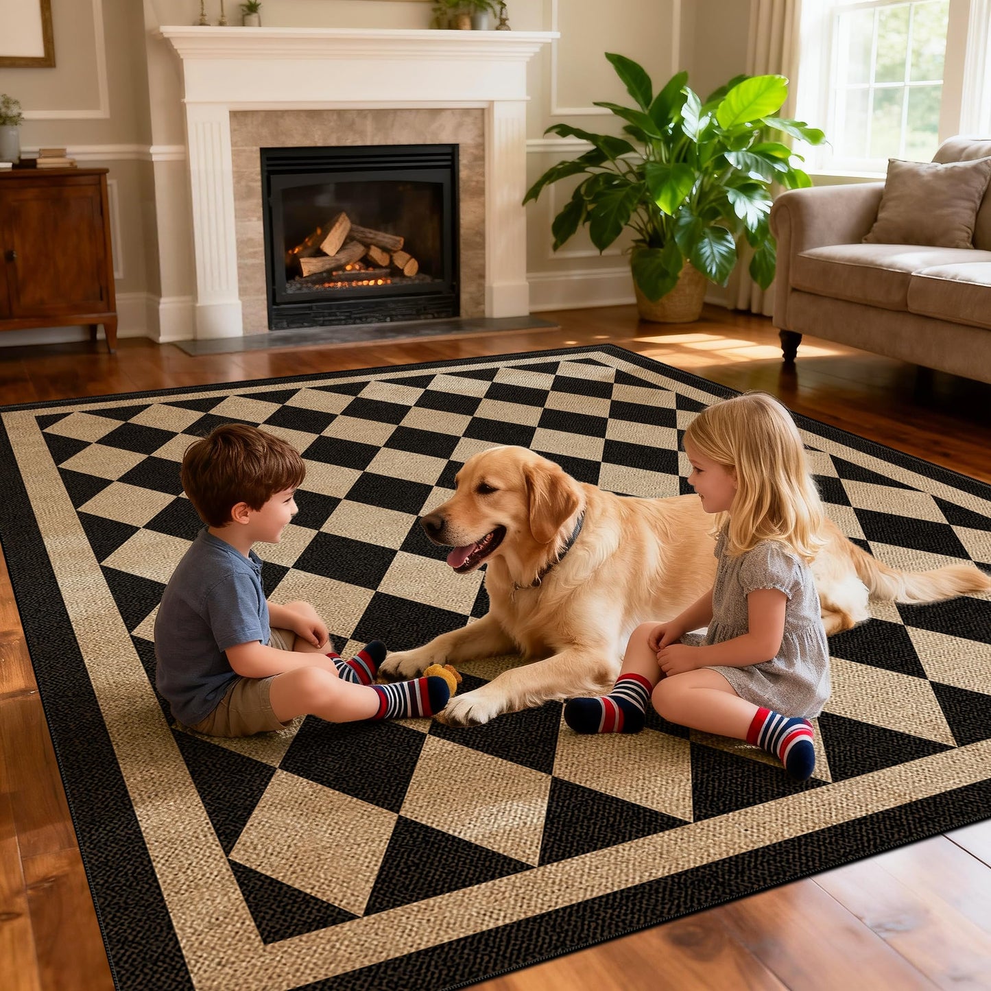 JROSING Washable Checkered Easy Jute Rug 5x7, Black Checkerboard Geometric Modern Outdoor Indoor Patio Large Rugs, Woven Thin Carpet Mat for Living Dining Room Bedroom Classroom Kids Nursery Play Room