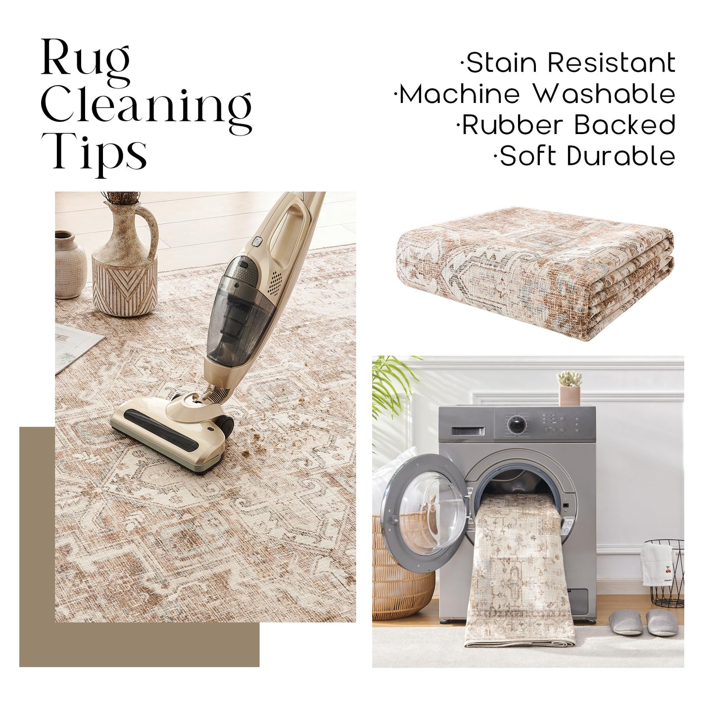 BILEEHOME Boho Neutral Living Room Rug 5x7,Washable Vintage Rustic Earth Tone Modern Farmhouse Persian Area Rugs for Dining Room Bedroom, Light Tan Brown Beige with Rust Terracotta Pattern