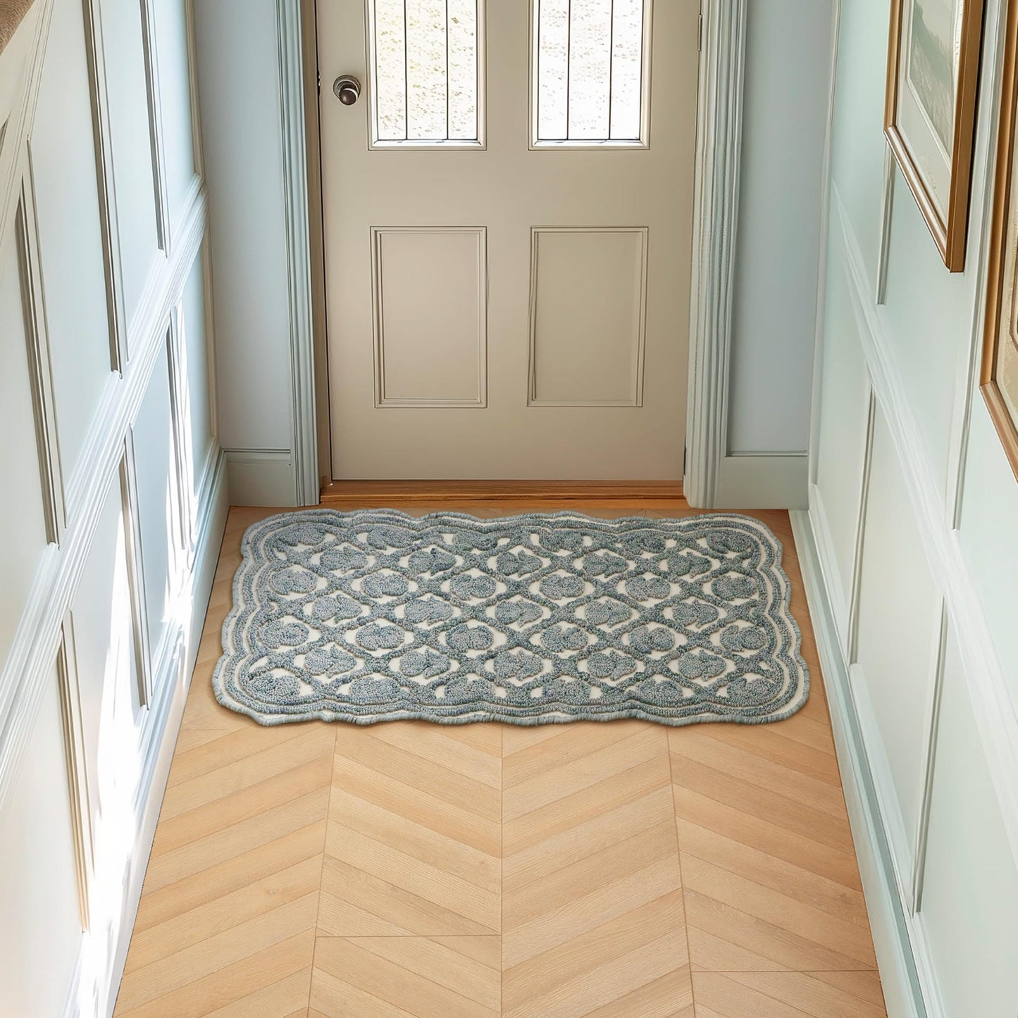 Laura Ashley Washable Scalloped 26" x 45" Teal Tulip Design Skid Resistant Accent Rug - Durable Cotton Blend Indoor Rug