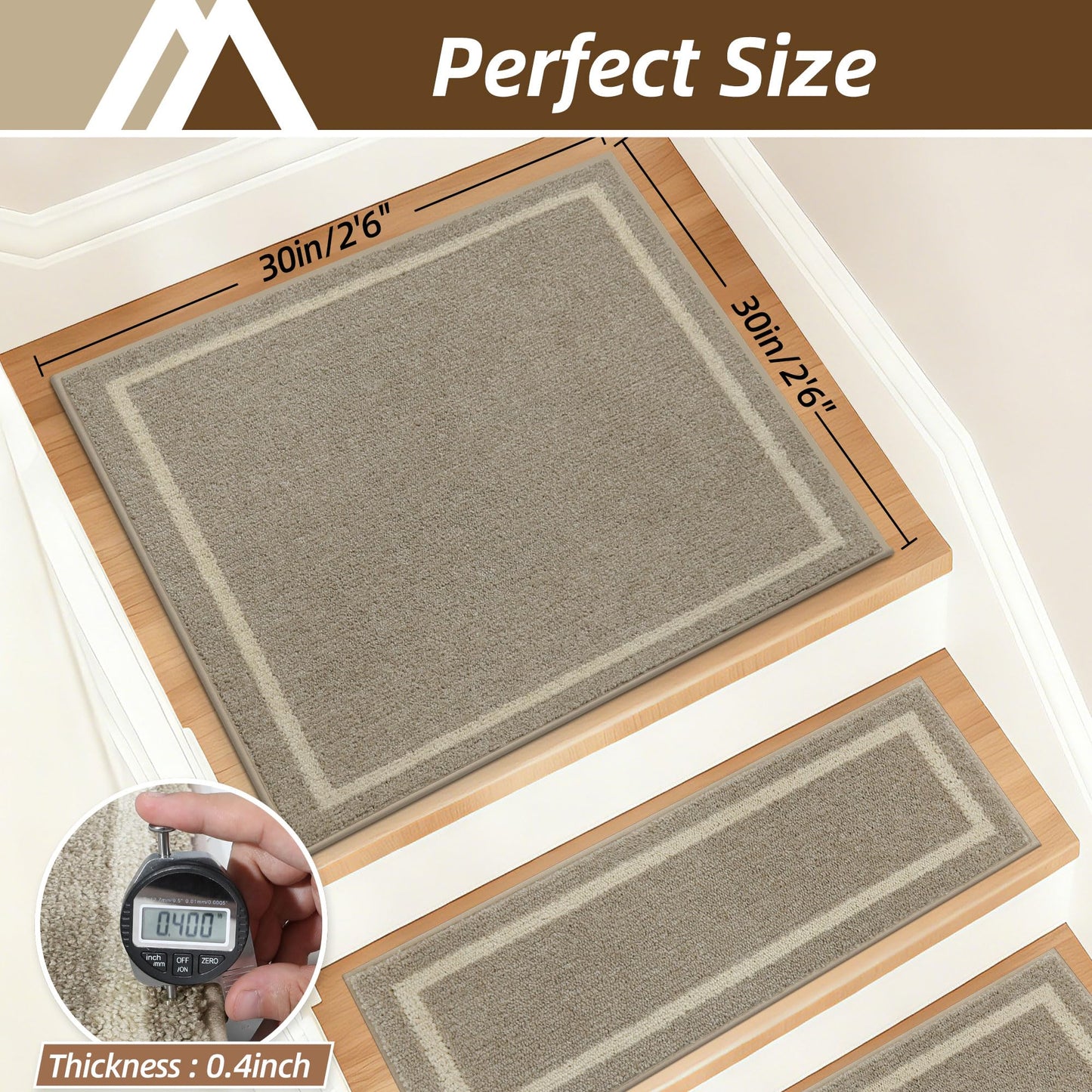 COSY HOMEER Stair Landing Rug 30x30 Inch, Non-Slip Square Landing Mat for Wood Steps Indoor, Washable Polyester with TPE Backing, Beige