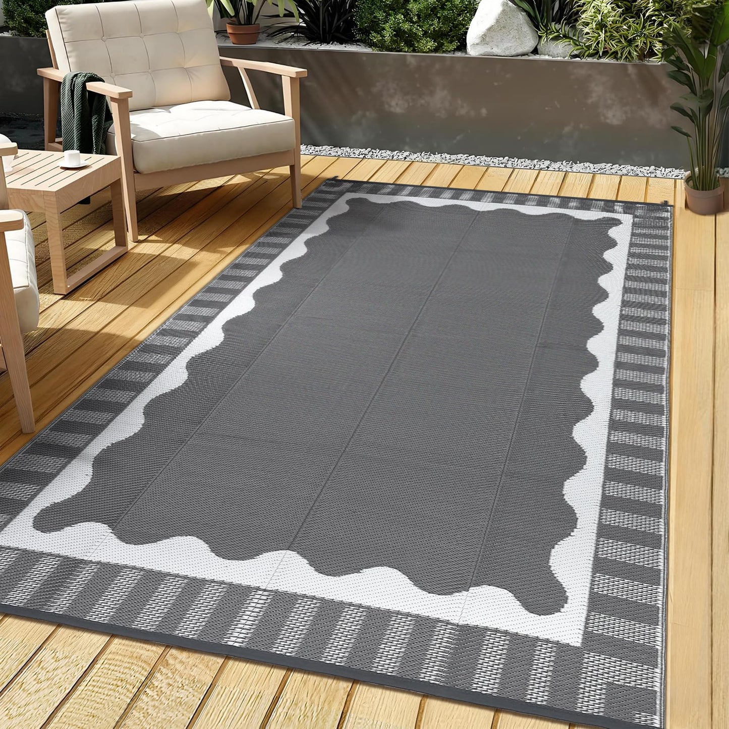 Garvee Large Scalloped Outdoor Rug 9x12 Patio Rugs Outdoor Waterproof, Reversible Plastic Straw Camping Rug, Modern Bordered Outside Mats for Picnic Backyard Deck Balcony Beach Trailer, Grey