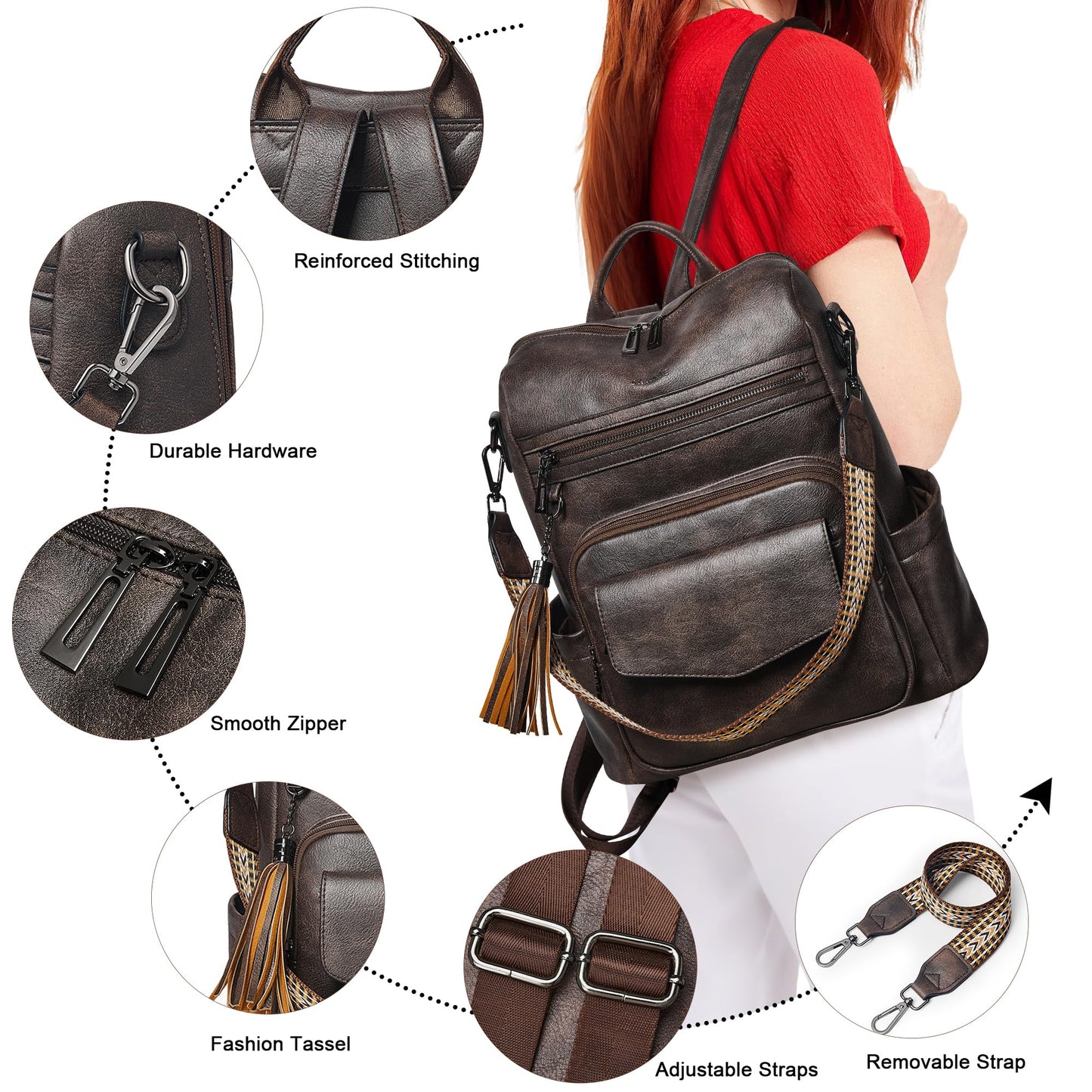 Shrrie Backpack Purse for Women Travel Faux Leather Fashion Backpack for Women,Convertible Crossbody Shoulder Bag for Ladies with Adjustable Strap for Work College