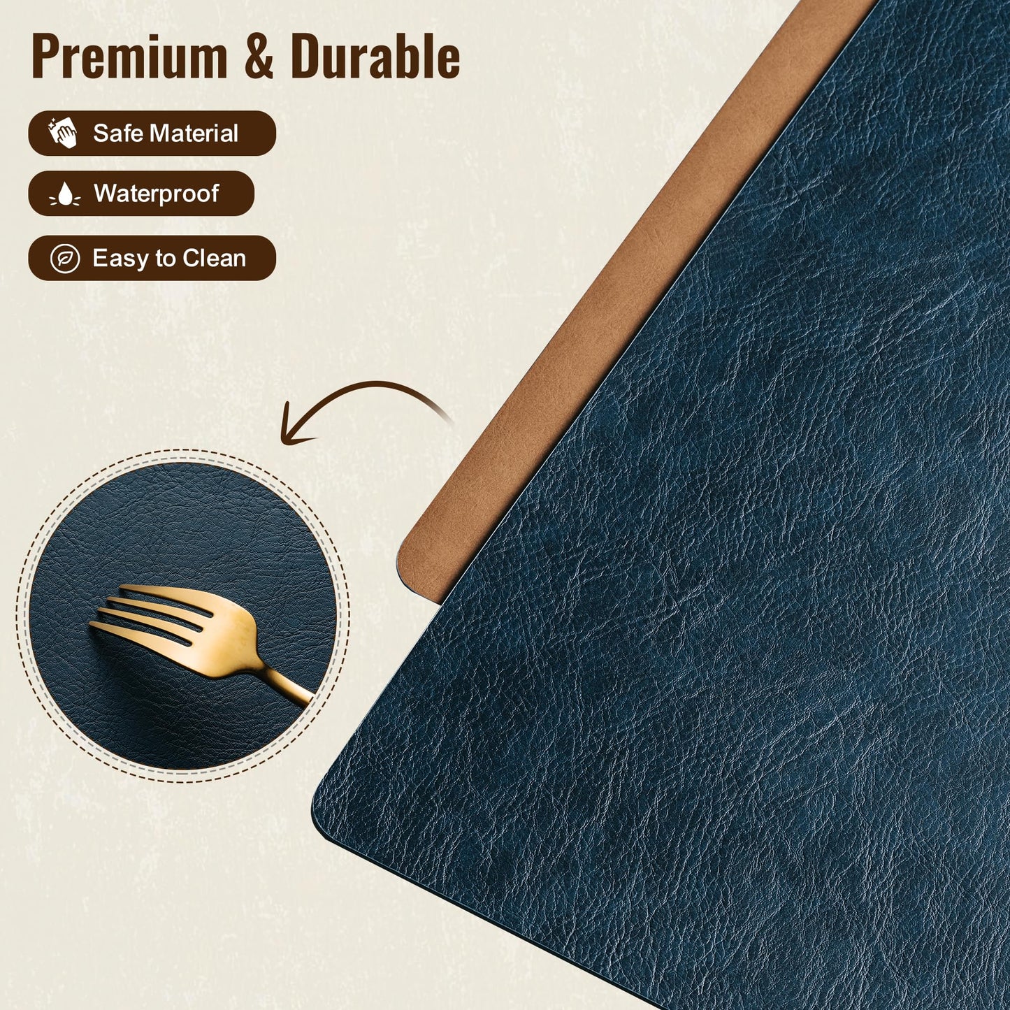 Placemats Set of 6, DOLOPL Reversible Dual-Color Faux Leather Place Mats 17"x11.8"– Waterproof, Heat Resistant, Washable & Wipeable, Luxury Retro Style for Kitchen, Dining Table (Camel/Navy Blue)