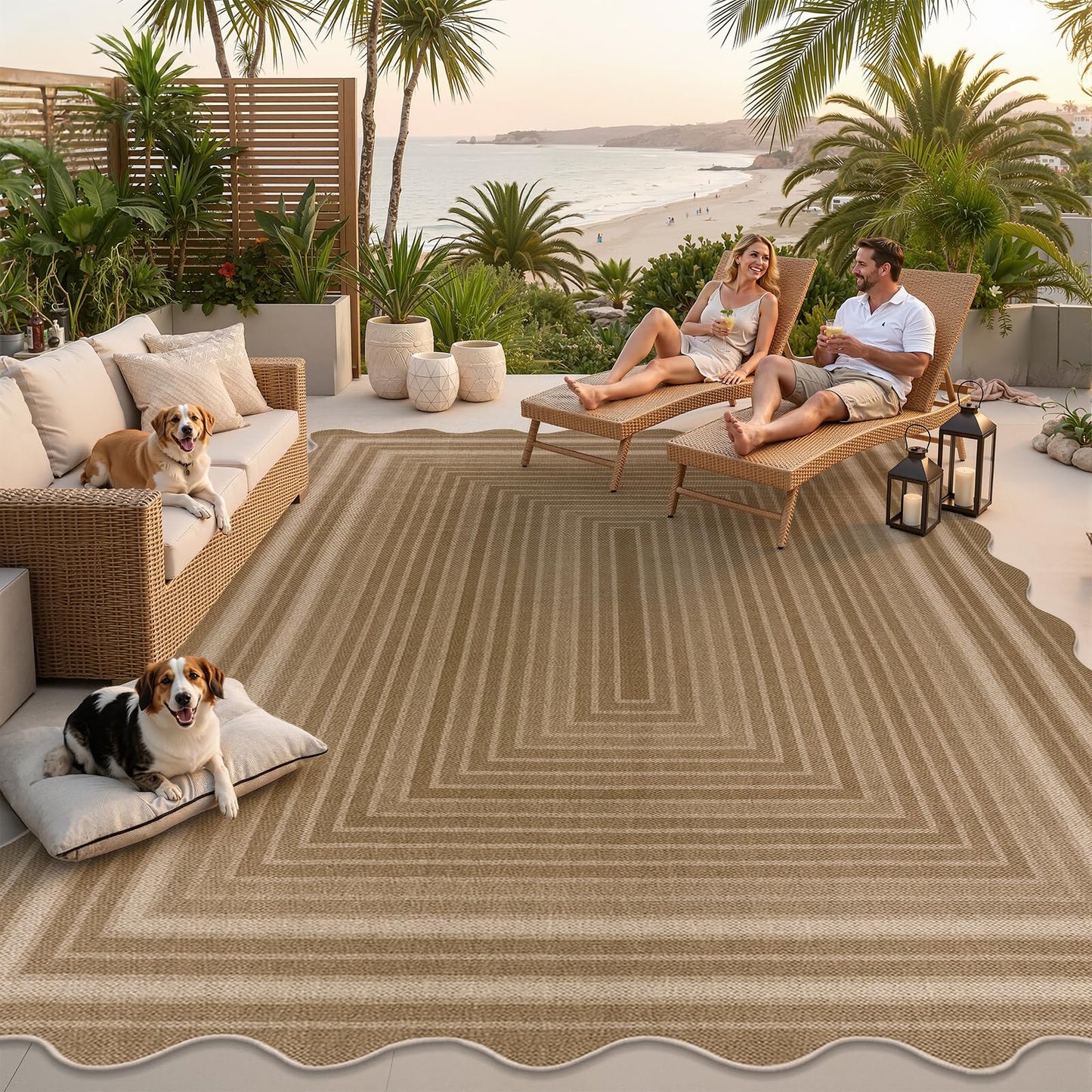 Yamaziot Washable Indoor Outdoor Rug 8x10, Scalloped Geometry Faux Tan Jute Outdoor Carpet Non Slip Modern Woven Textured Patio Rug for Backyard Balcony Deck, White